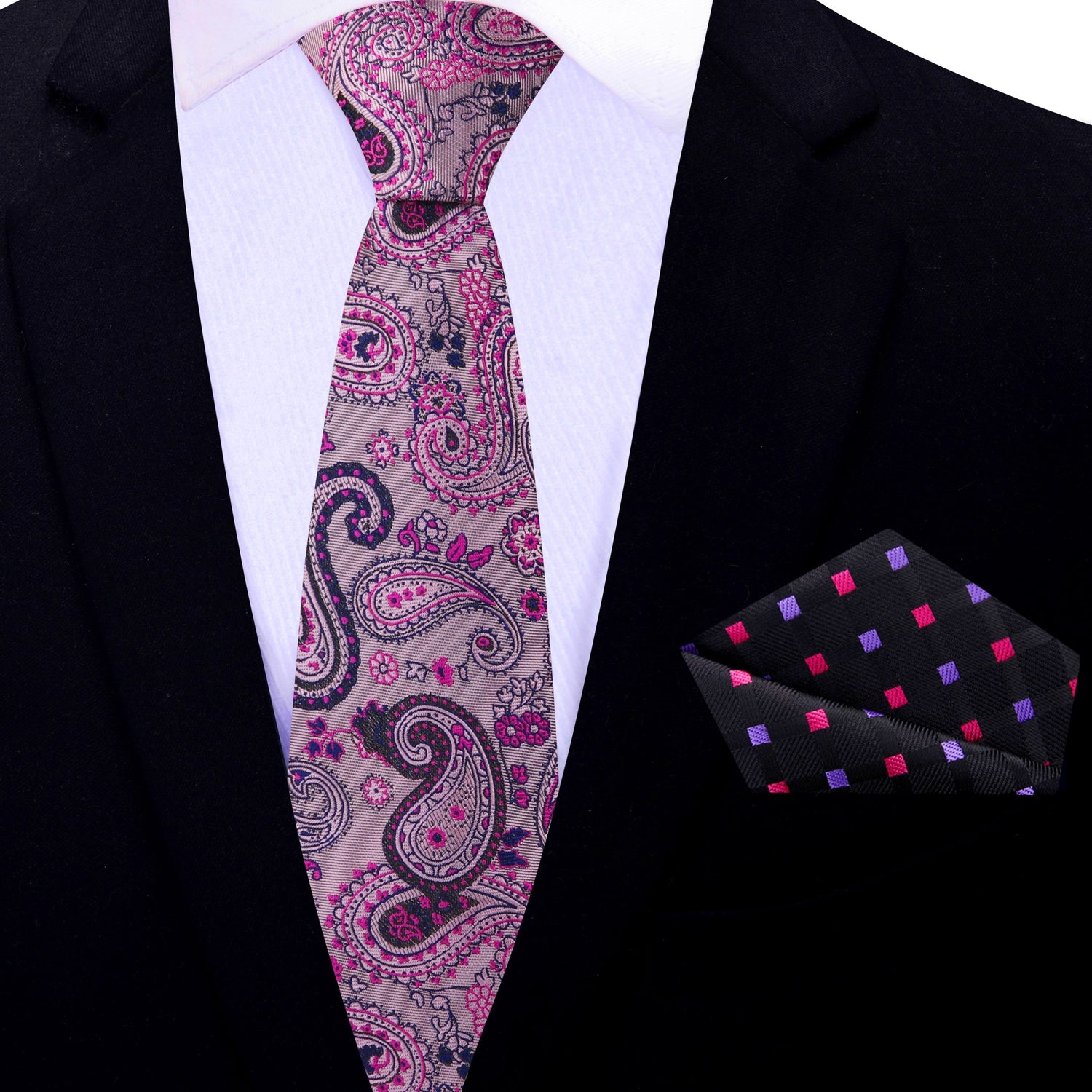 Thin Tie: Pink, Black Paisley Necktie with Black, Pink, Purple Check Square