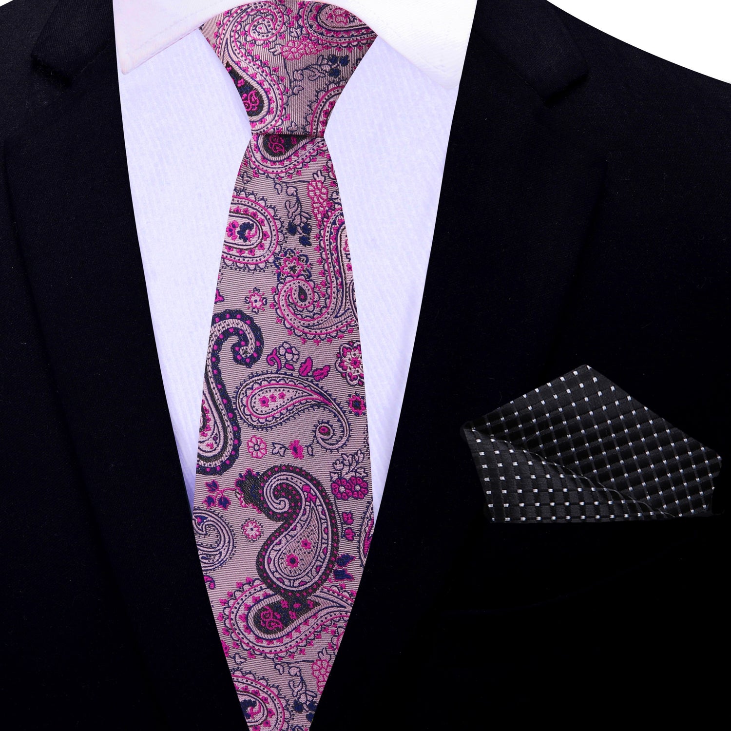 Thin Tie: Pink, Black Paisley Necktie with Black Square