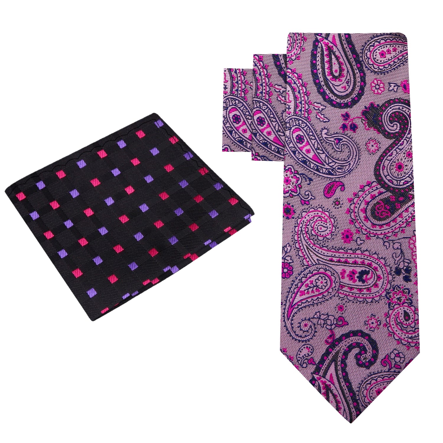 Alt View: Pink, Black Paisley Necktie with Black, Pink, Purple Check Square