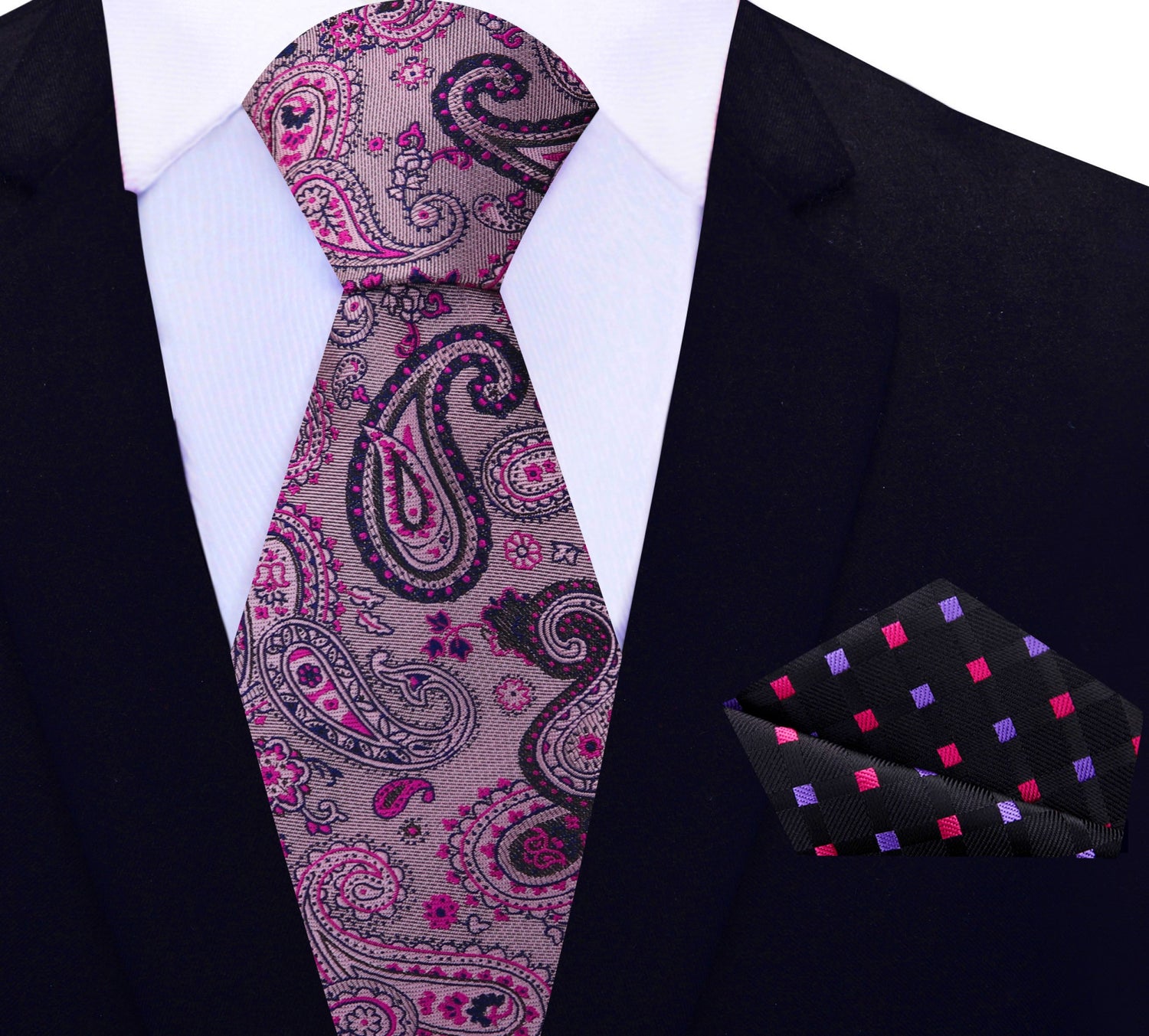 View 2: Pink, Black Paisley Necktie with Black, Pink, Purple Check Square