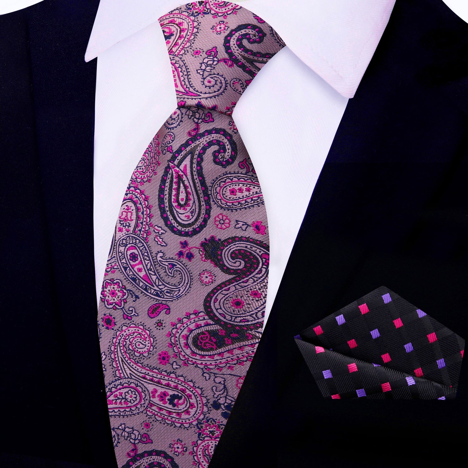 Pink, Black Paisley Necktie with Black, Pink, Purple Check Square