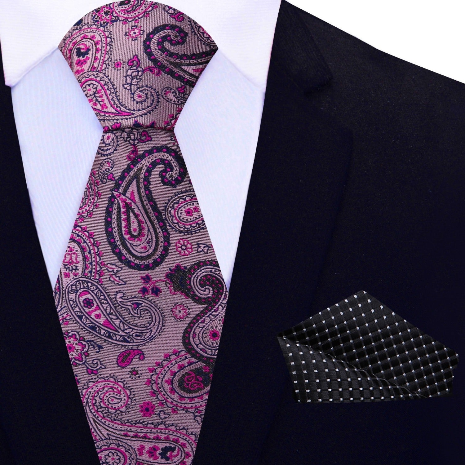 View 2: Pink, Black Paisley Necktie with Black Square