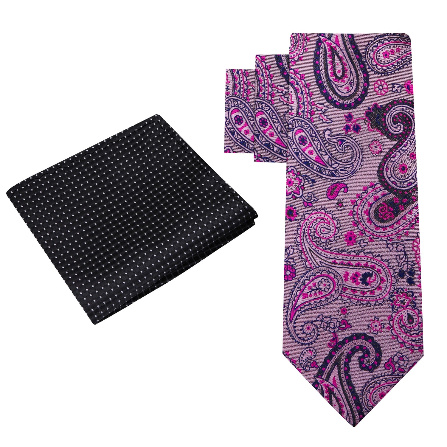 Alt View; Pink, Black Paisley Necktie with Black Square