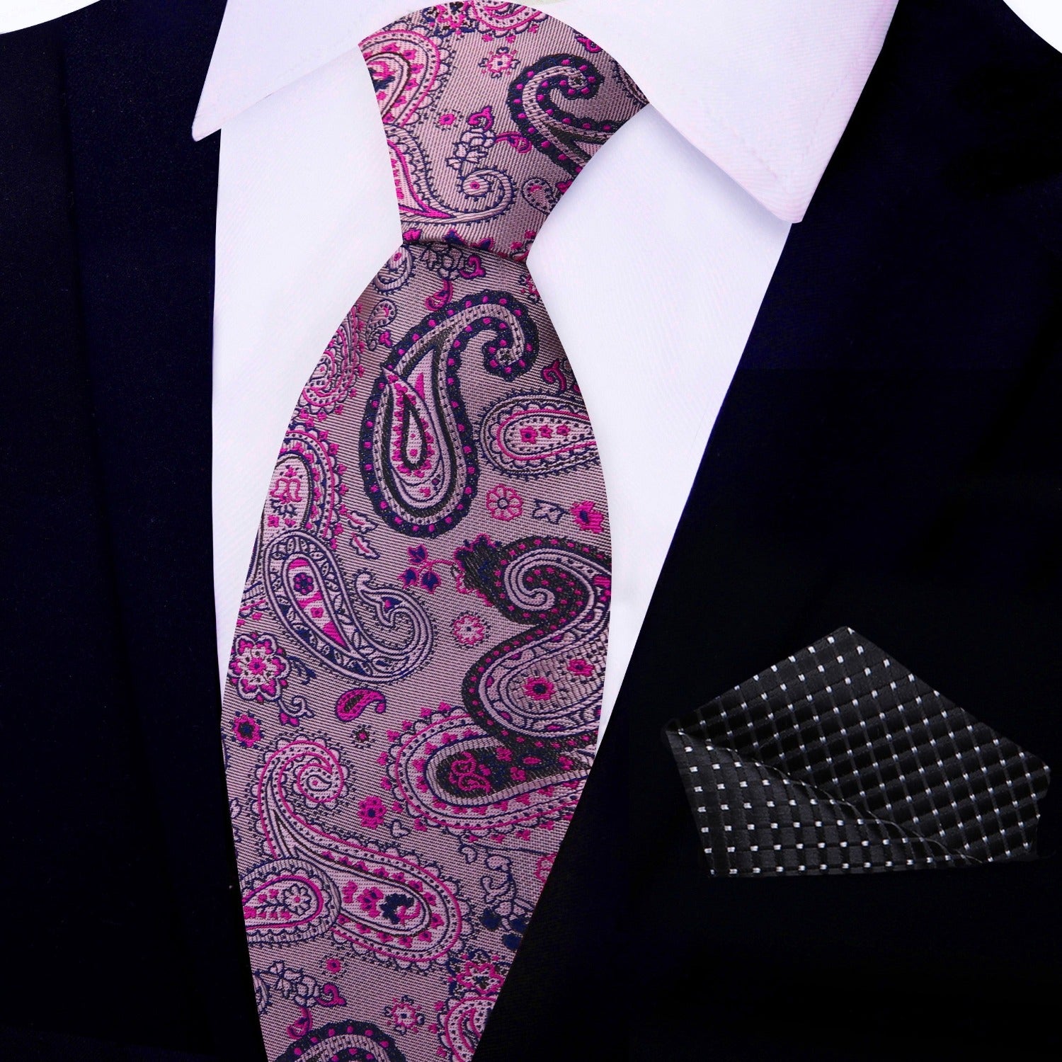 Pink, Black Paisley Necktie with Black  Square
