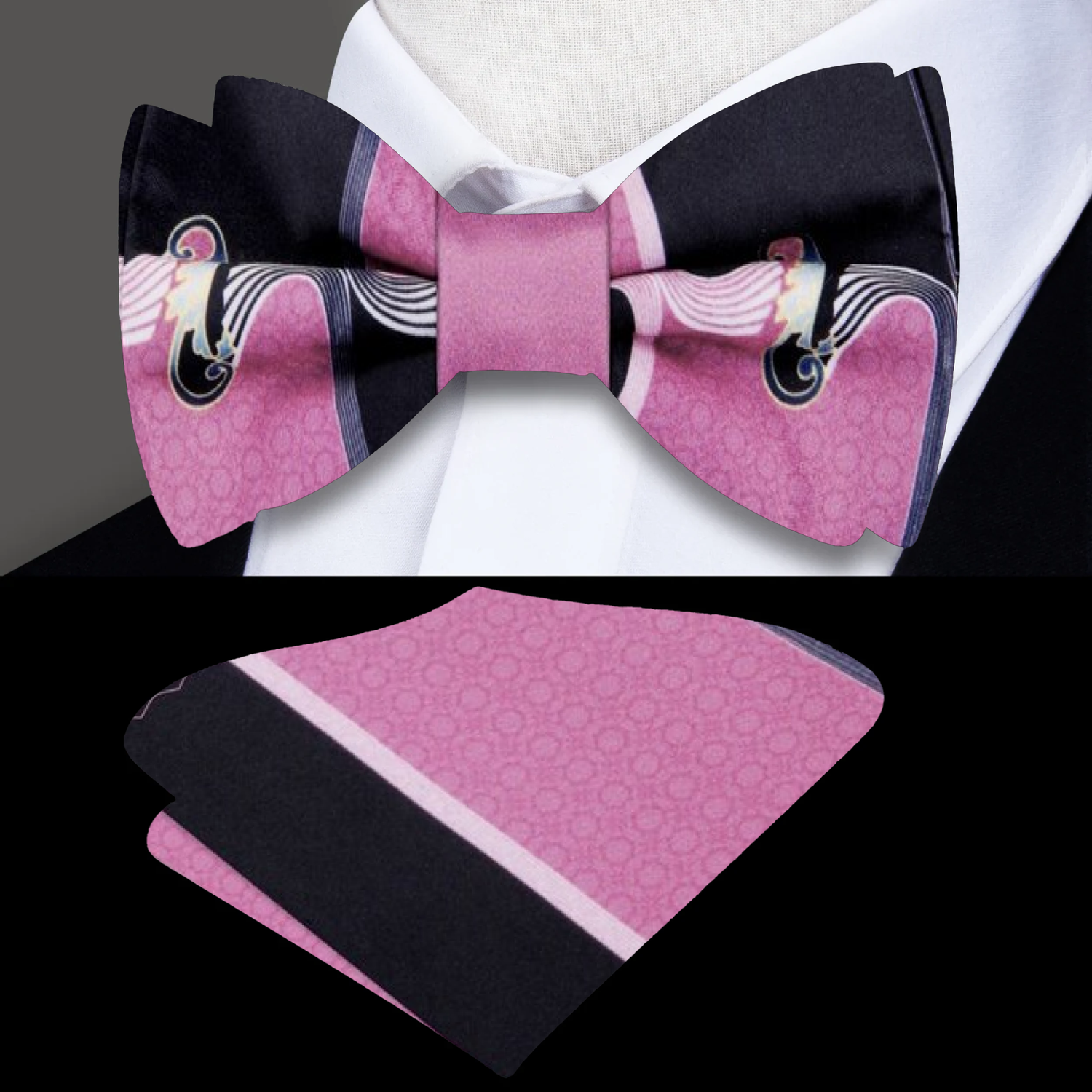 Pink Black Abstract Bow Tie and Pocket Square||Mauve