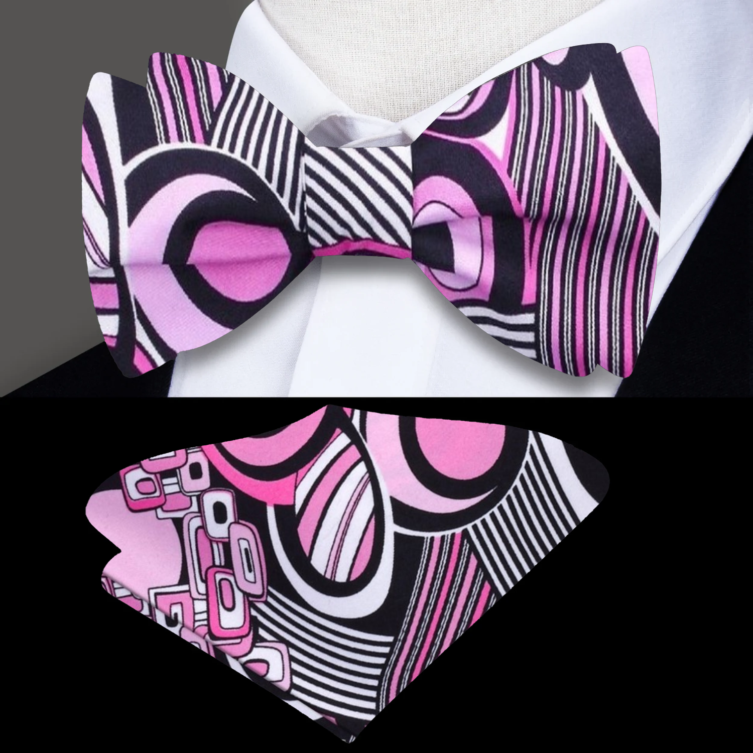 Pink, Black, White Abstract Bow Tie and Pocket Square||Pink, White, Black