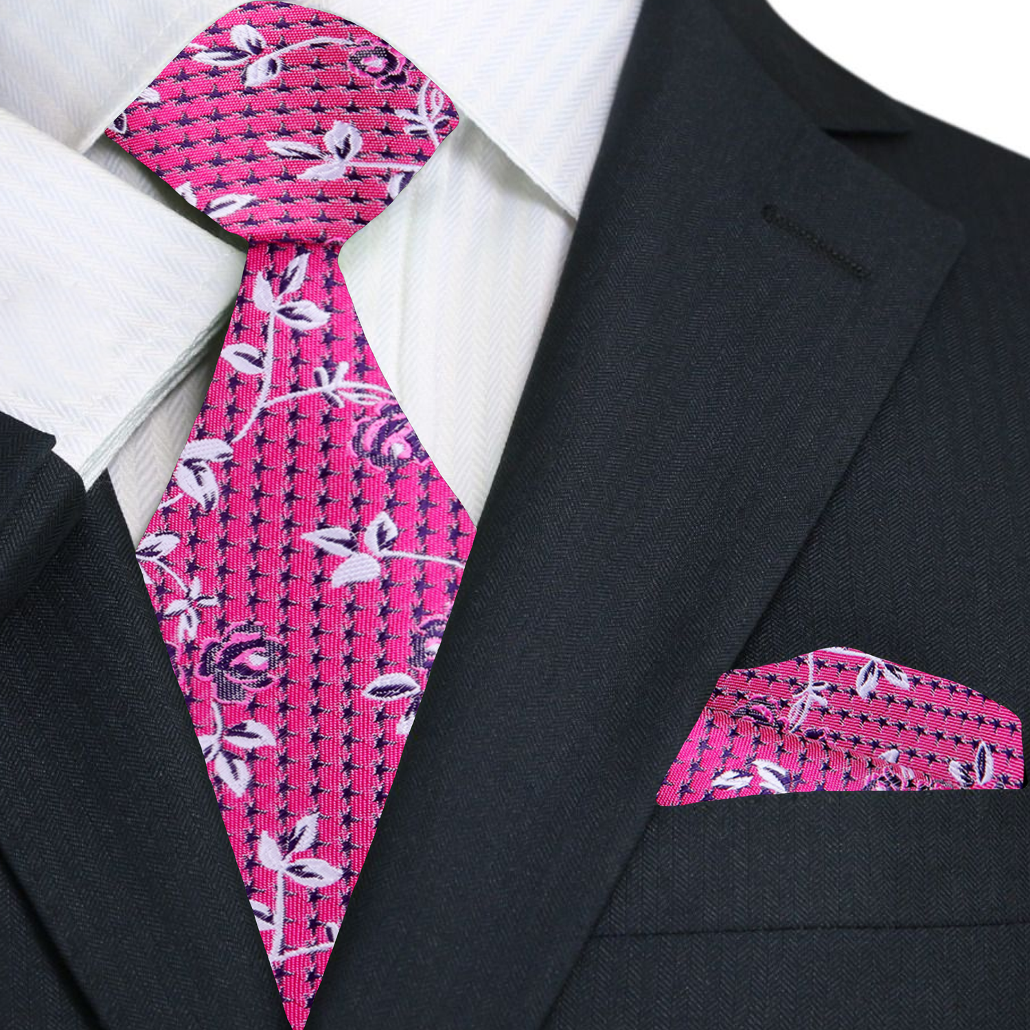 A Pink Vine With Small Flower Pattern Necktie, Matching Pocket Square