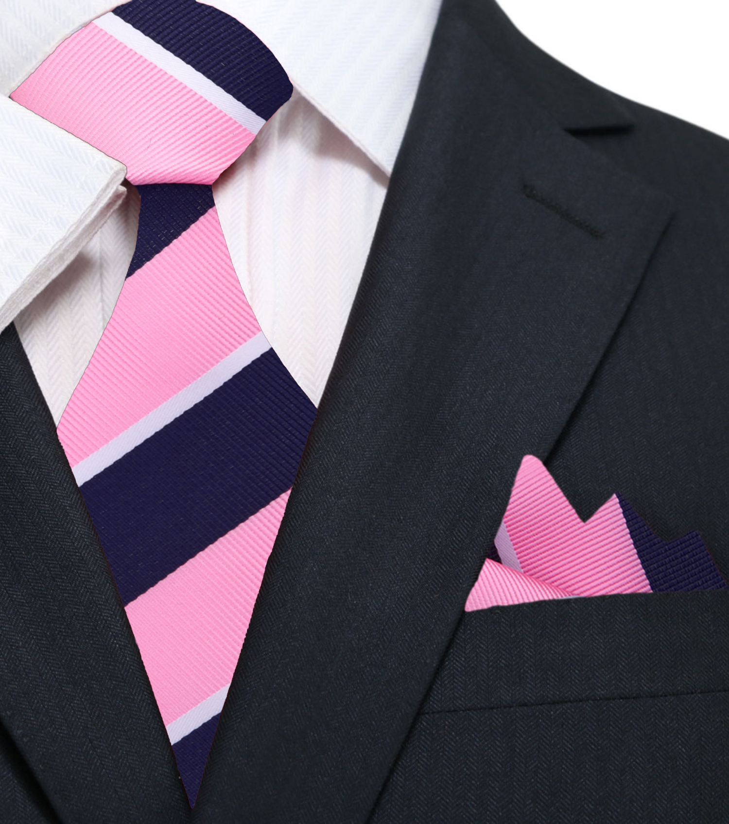 Main: A Dark Blue, Pink, White Stripe Pattern Silk Necktie, With Matching Pocket Square