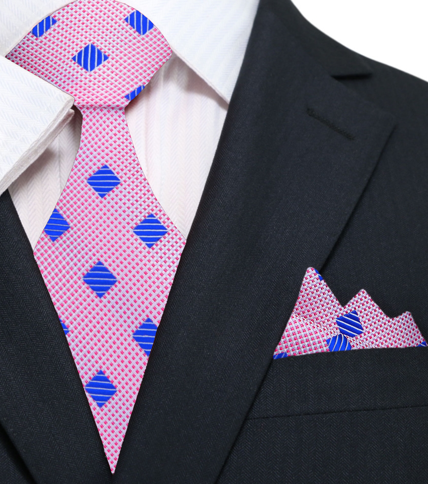 A Pink, Blue Geometric Diamond Pattern Silk Necktie, Matching Pocket Square