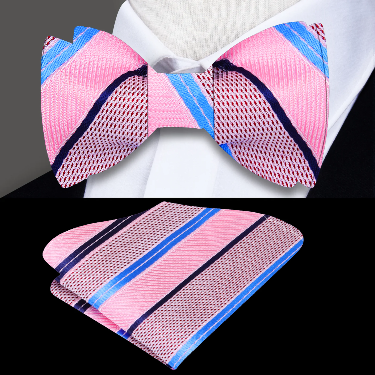 Main View: Pink, blue stripe bow tie and pocket square.