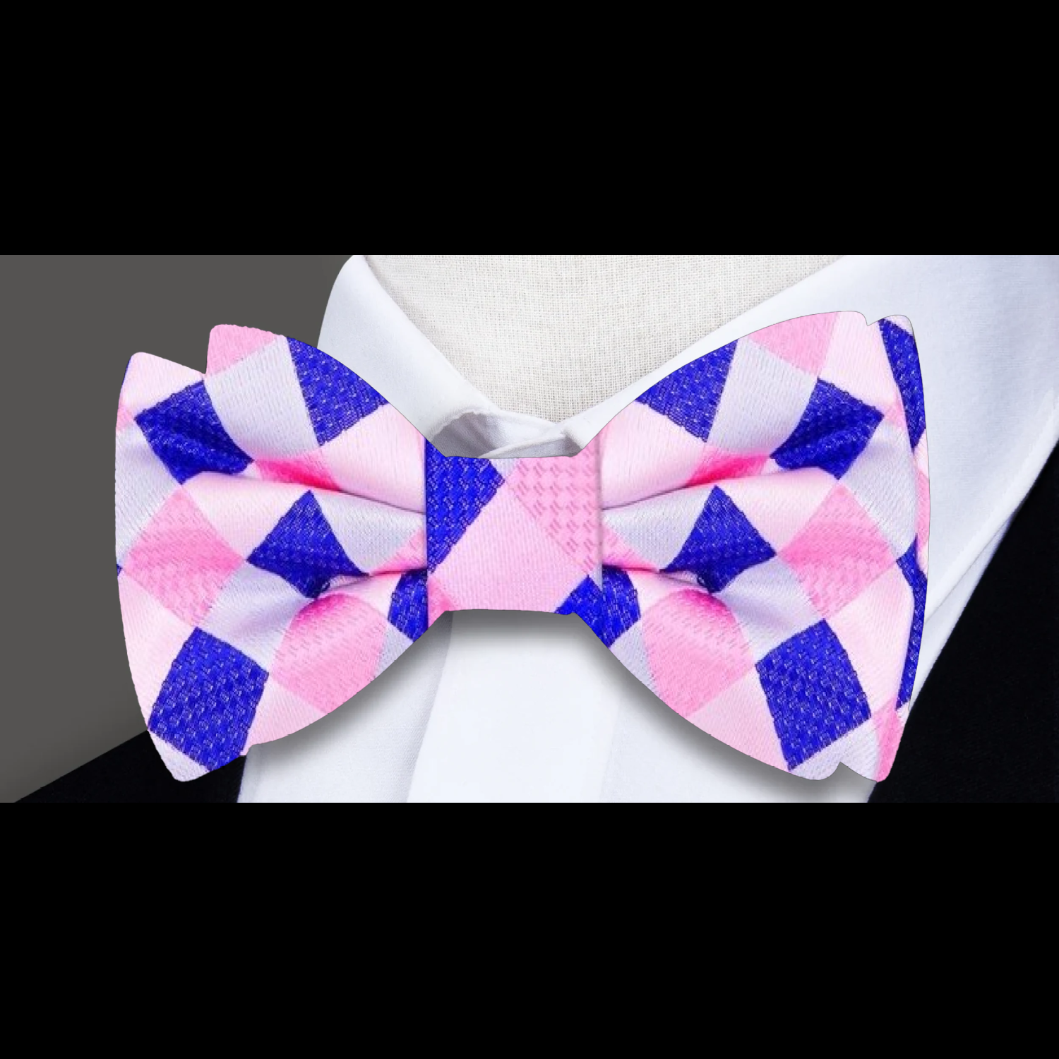 A Pink, Blue Geometric Pattern Silk Pre Tied Bow Tie