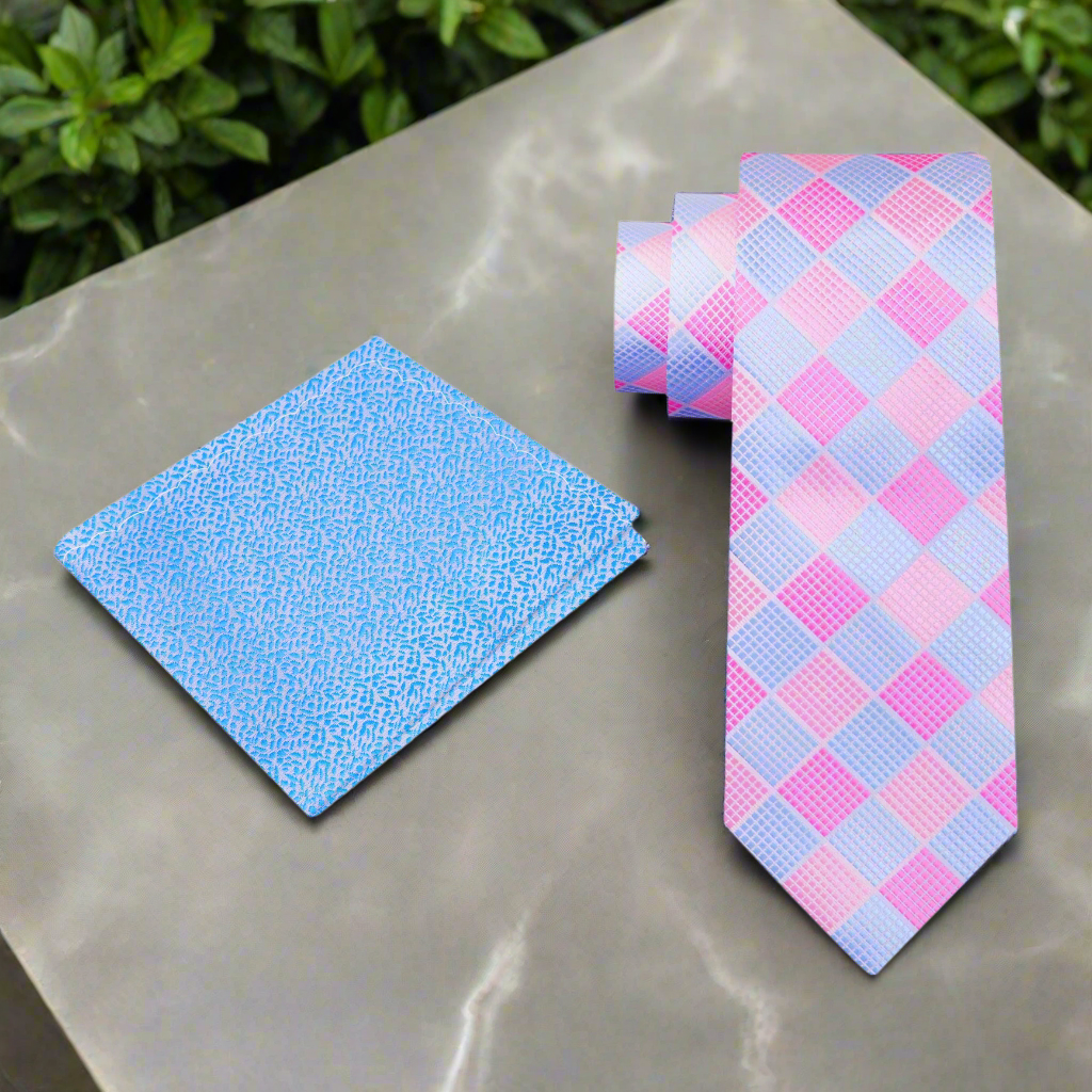 Pink and blue checkered tie with accenting blue pocket square view 2