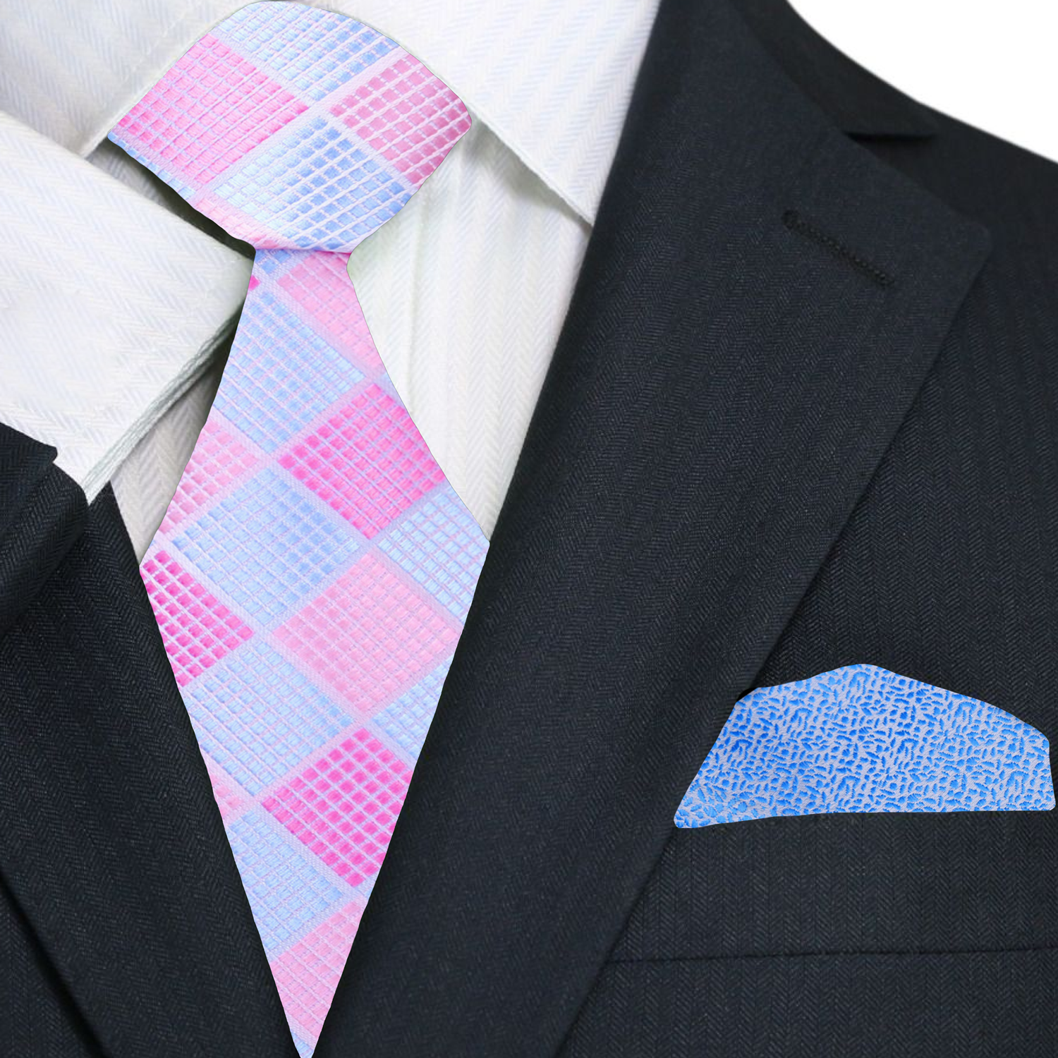 Black suit with a pink and blue checkered tie and light blue pocket square.