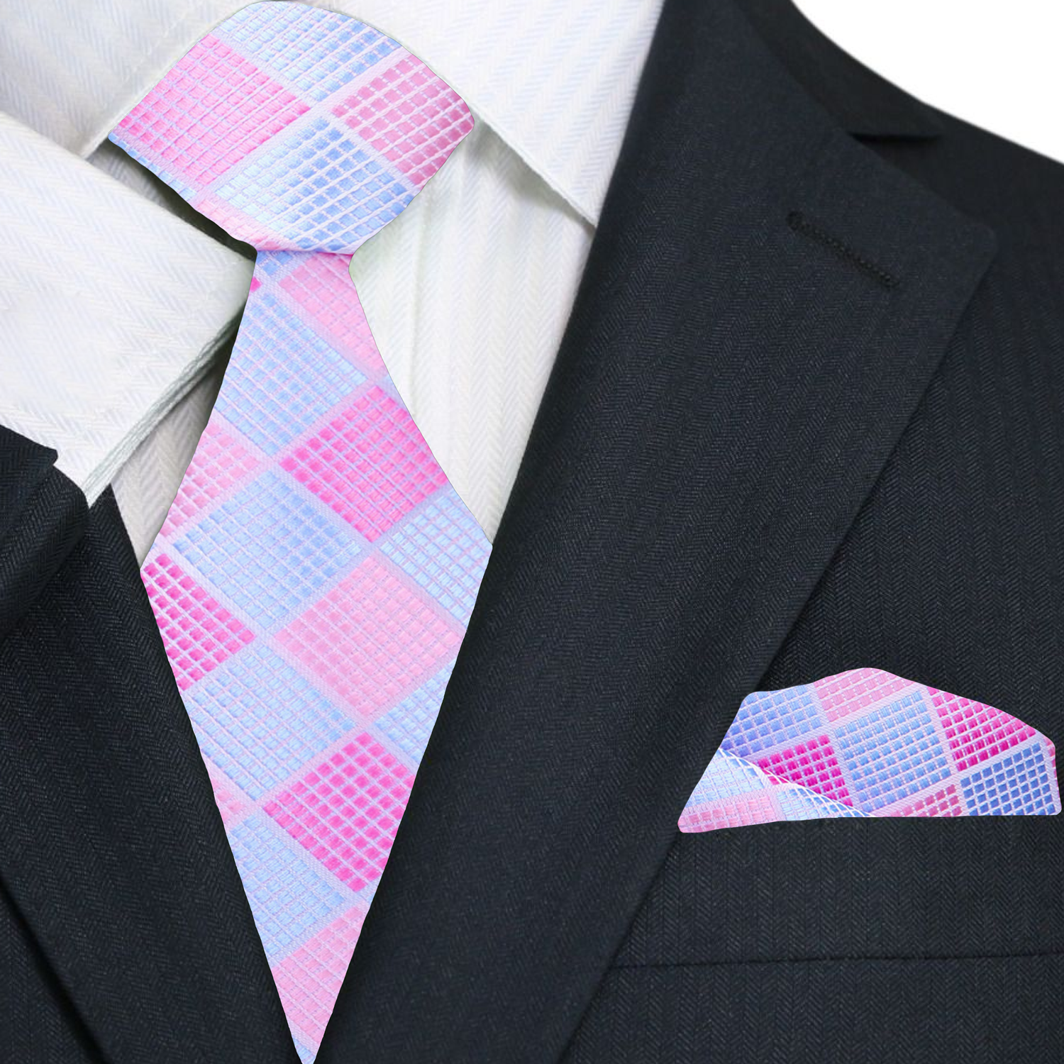 Black suit with a pink and blue checkered tie and matching pocket square.