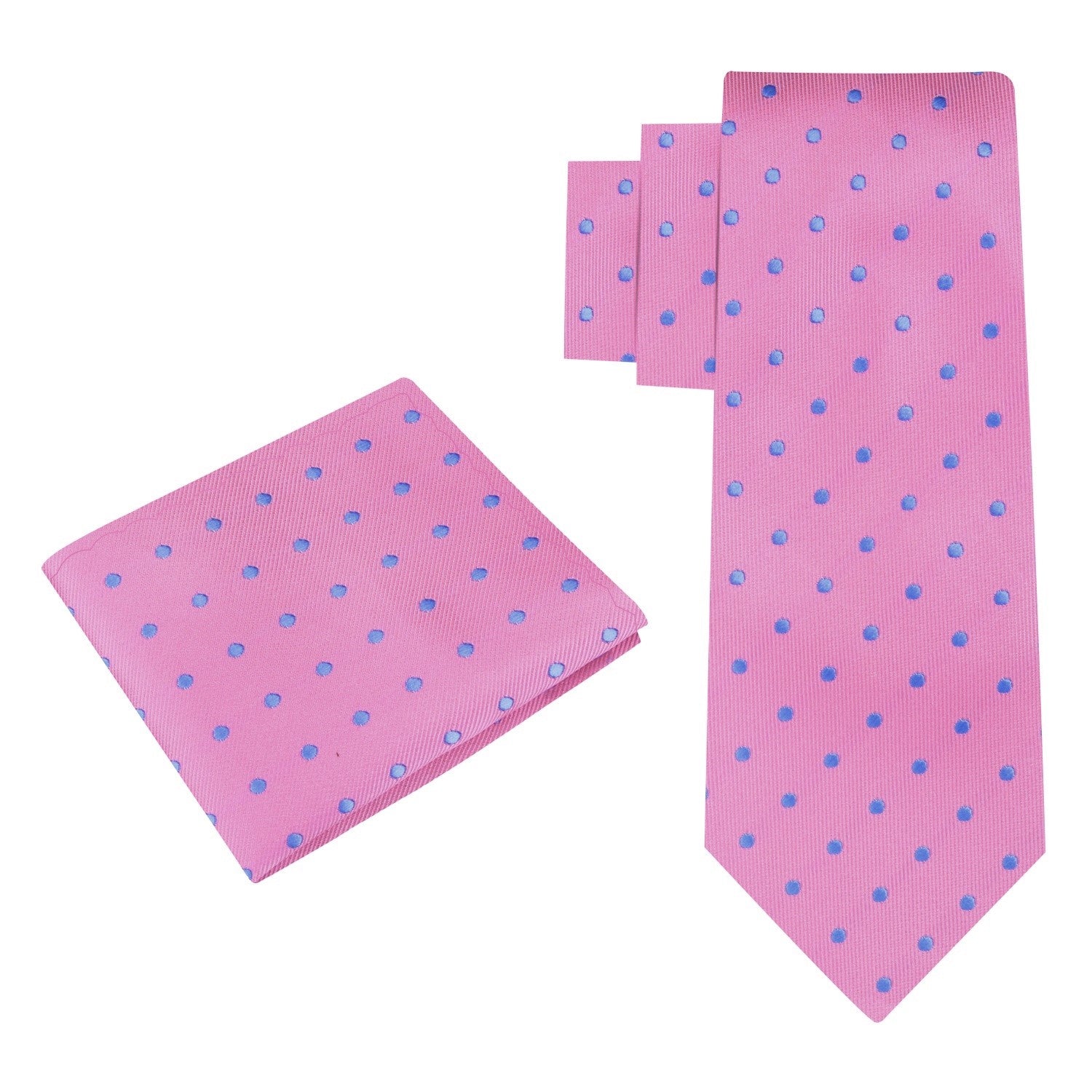 Alt View: A Pink, Light Blue Small Polka Dots Pattern Silk Necktie, Matching Pocket Square||Pink with Blue Dots