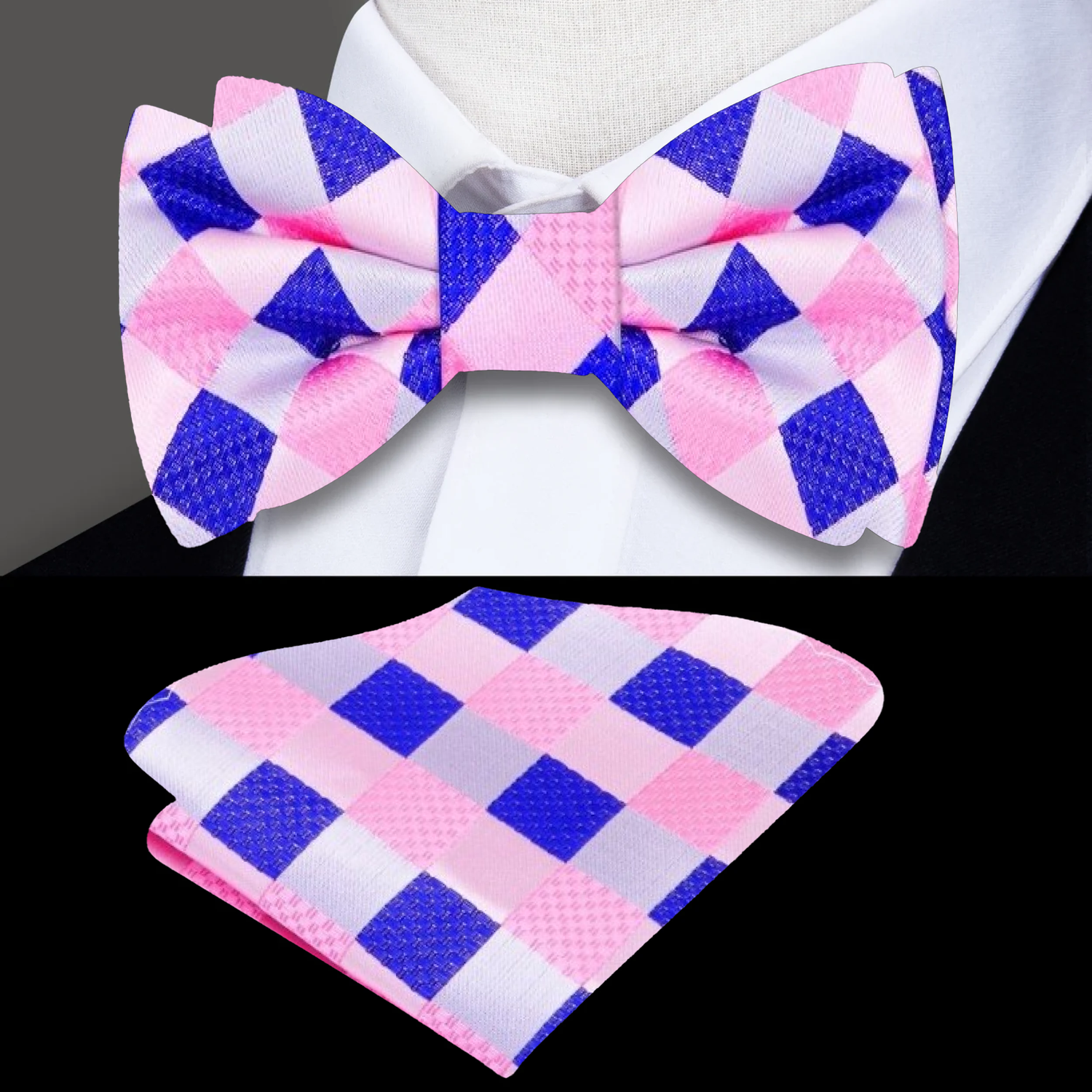 A Pink, Blue Geometric Pattern Silk Pre Tied Bow Tie, Matching Pocket Square