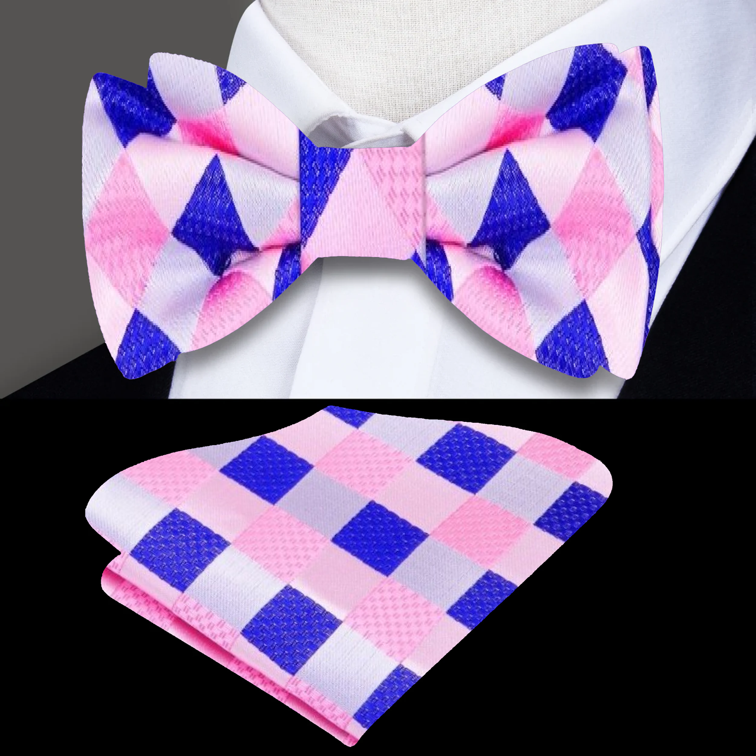 Main: A Pink, Blue Geometric Pattern Silk Pre Tied Bow Tie, Matching Pocket Square