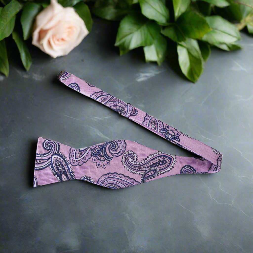 Pink, Dark Blue Paisley Self Tie Bow tie