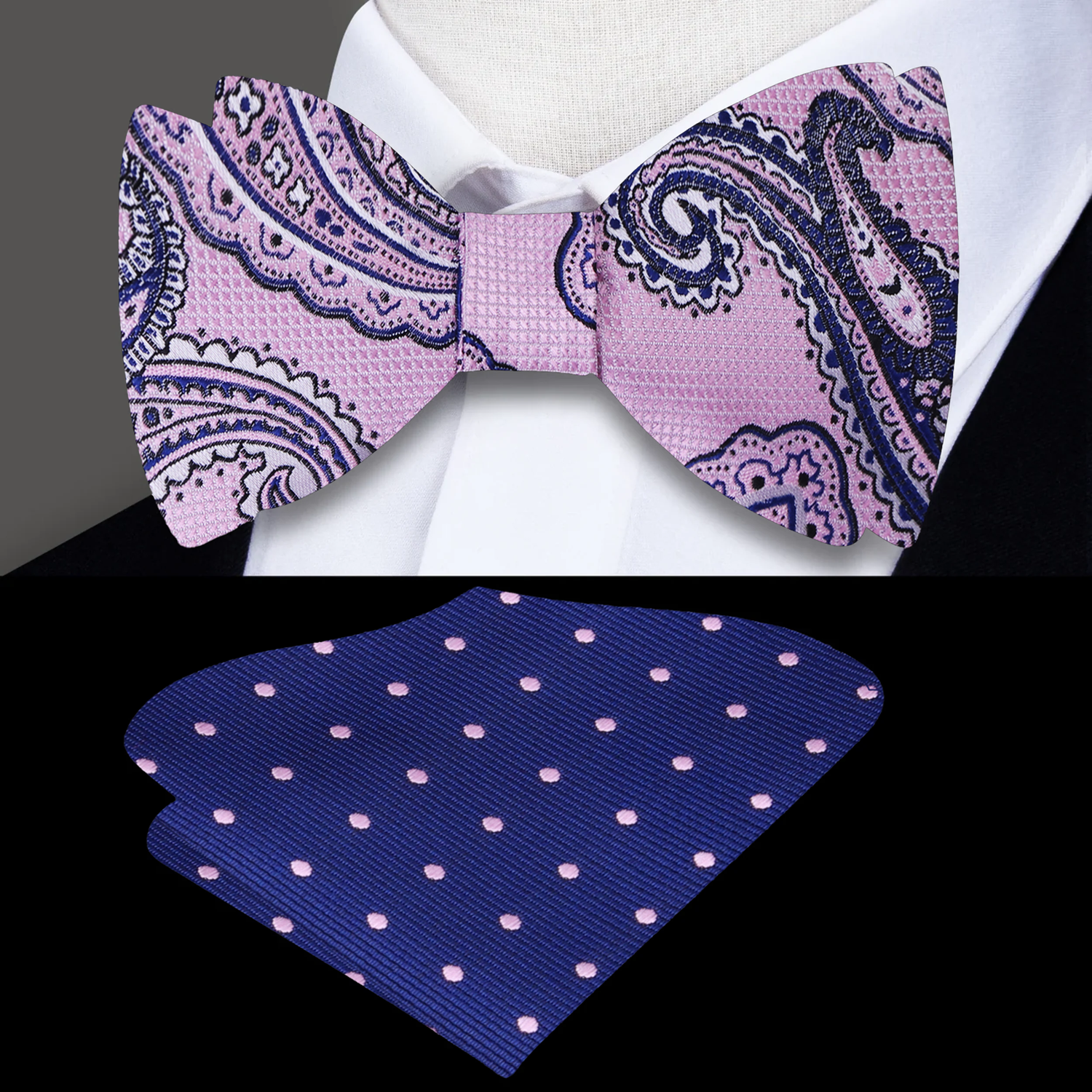 Pink, Dark Blue Paisley Self Tie Bow tie and Blue, Pink Polka Square