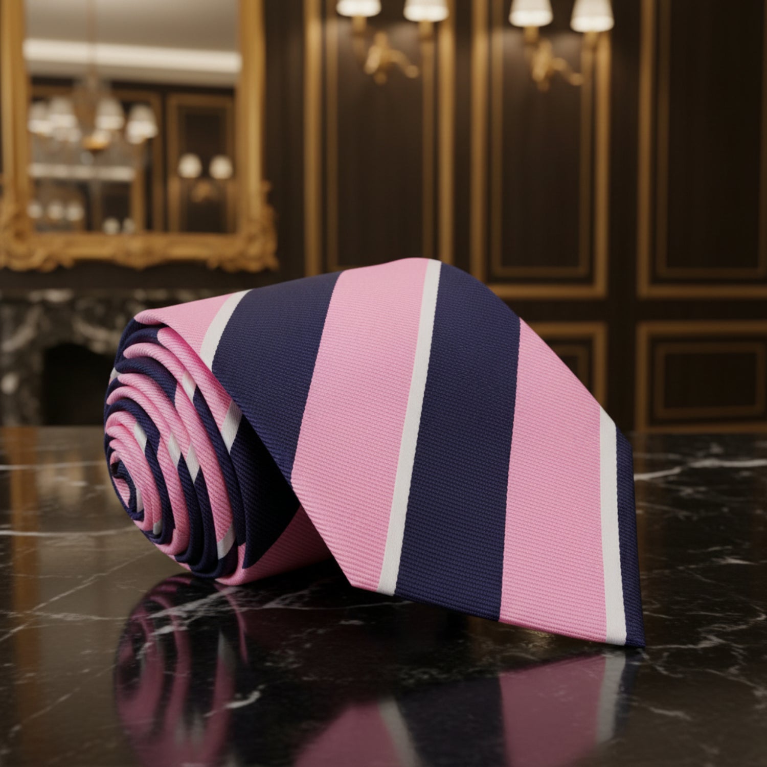 A rolled necktie with diagonal stripes in pink, navy blue, and thin white lines, displayed on a polished black marble surface with a dark wood-paneled room in the background.
