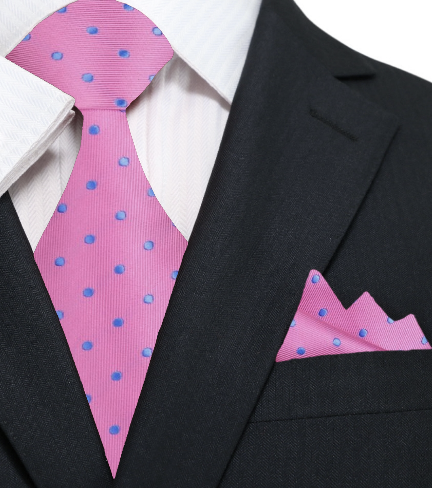 A Pink, Light Blue Small Polka Dots Pattern Silk Necktie, Matching Pocket Square||Pink with Blue Dots