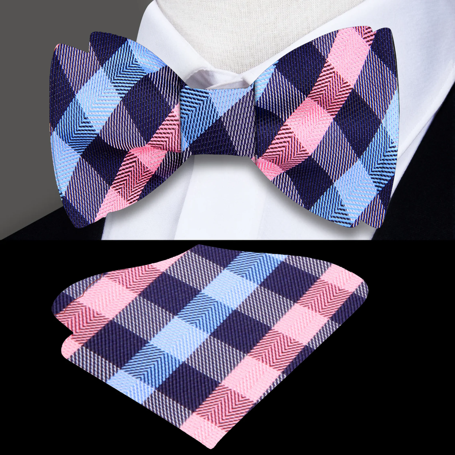 Blue, Pink Check Bow Tie and Pocket Square