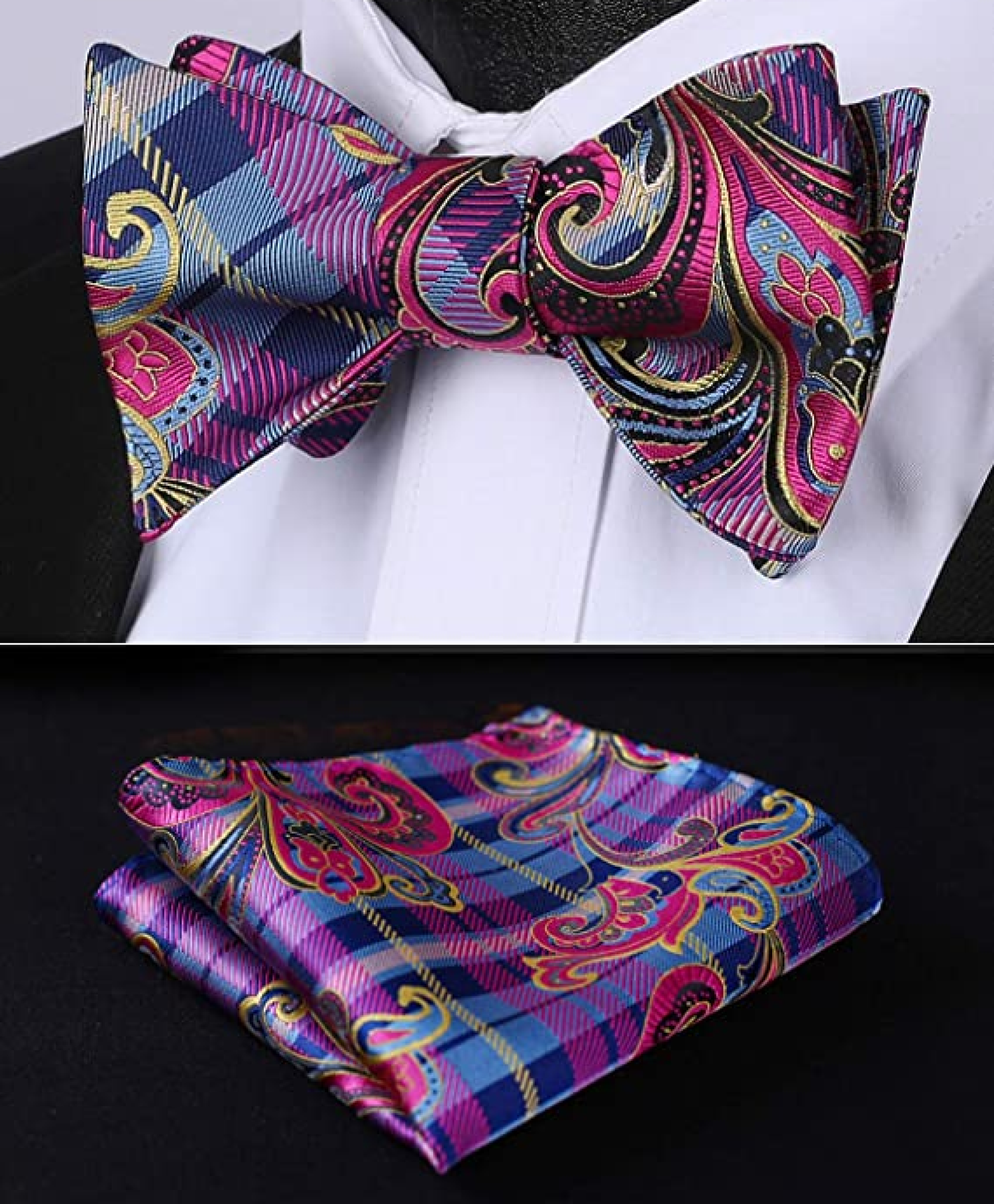 Pink Blue Purple Yellow Mardi Gras Paisley Bow Tie and Pocket Square