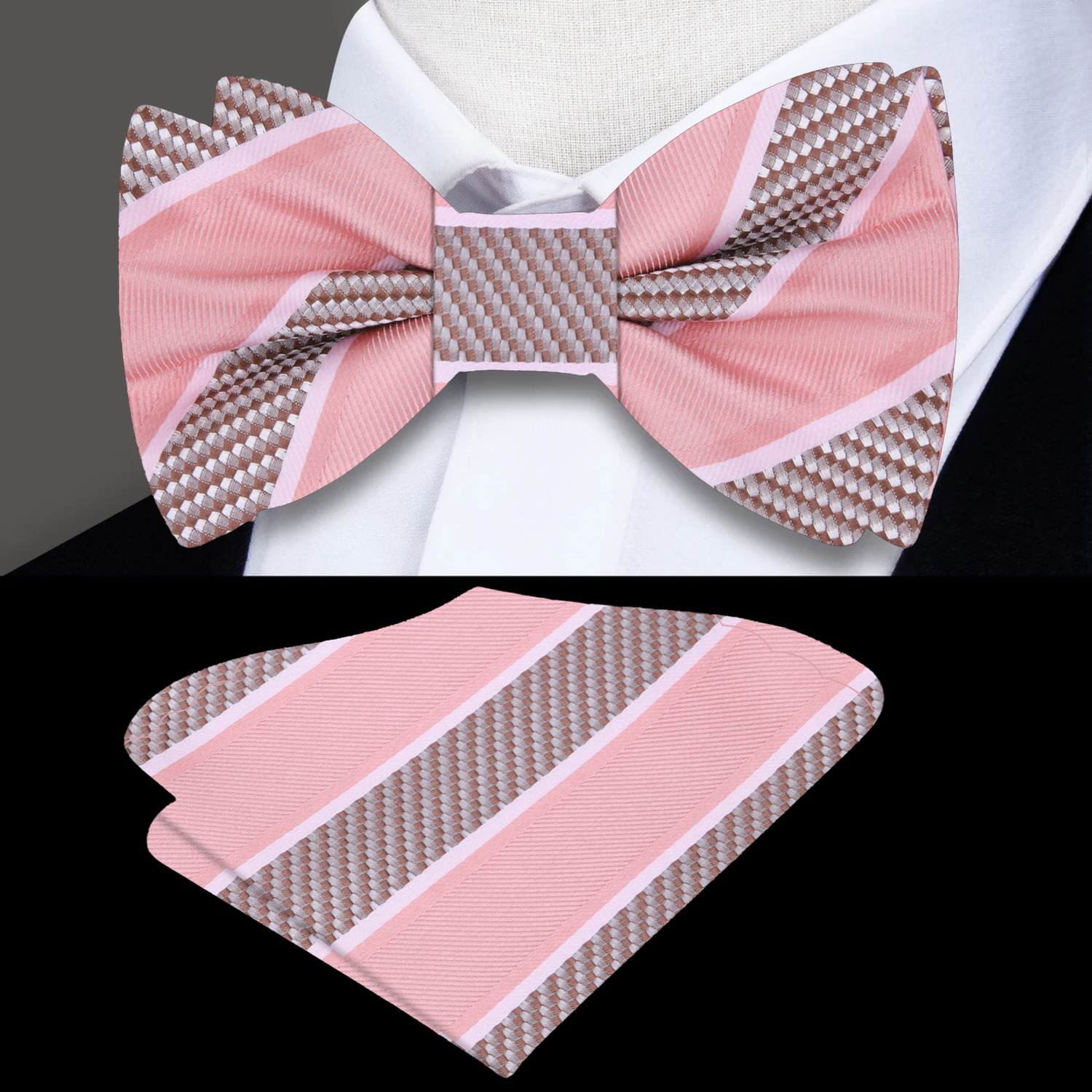 Pink/Brown Block Stripe Bow Tie and Square