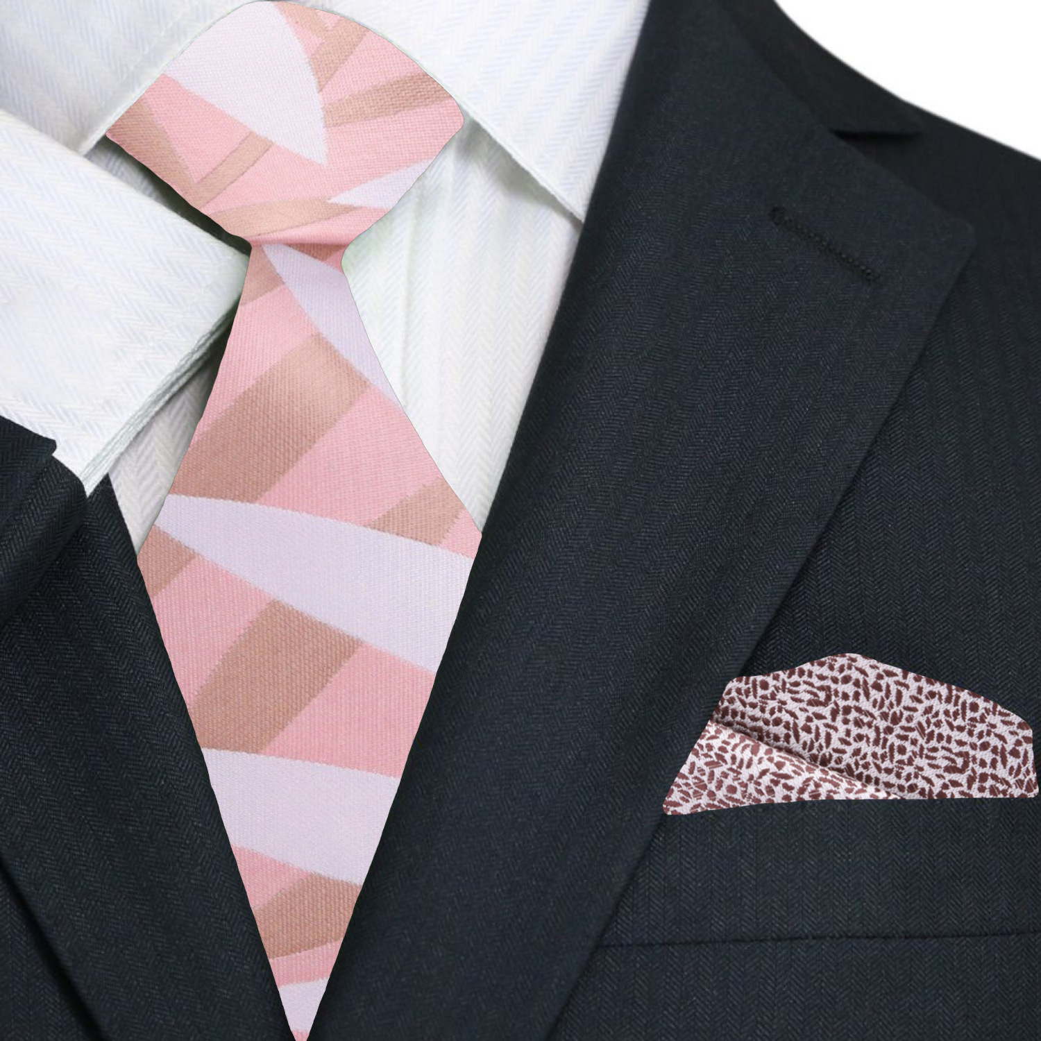 Light Pink, Salmon, Light Brown Sketched Leaves Tie and Accenting Pocket Square