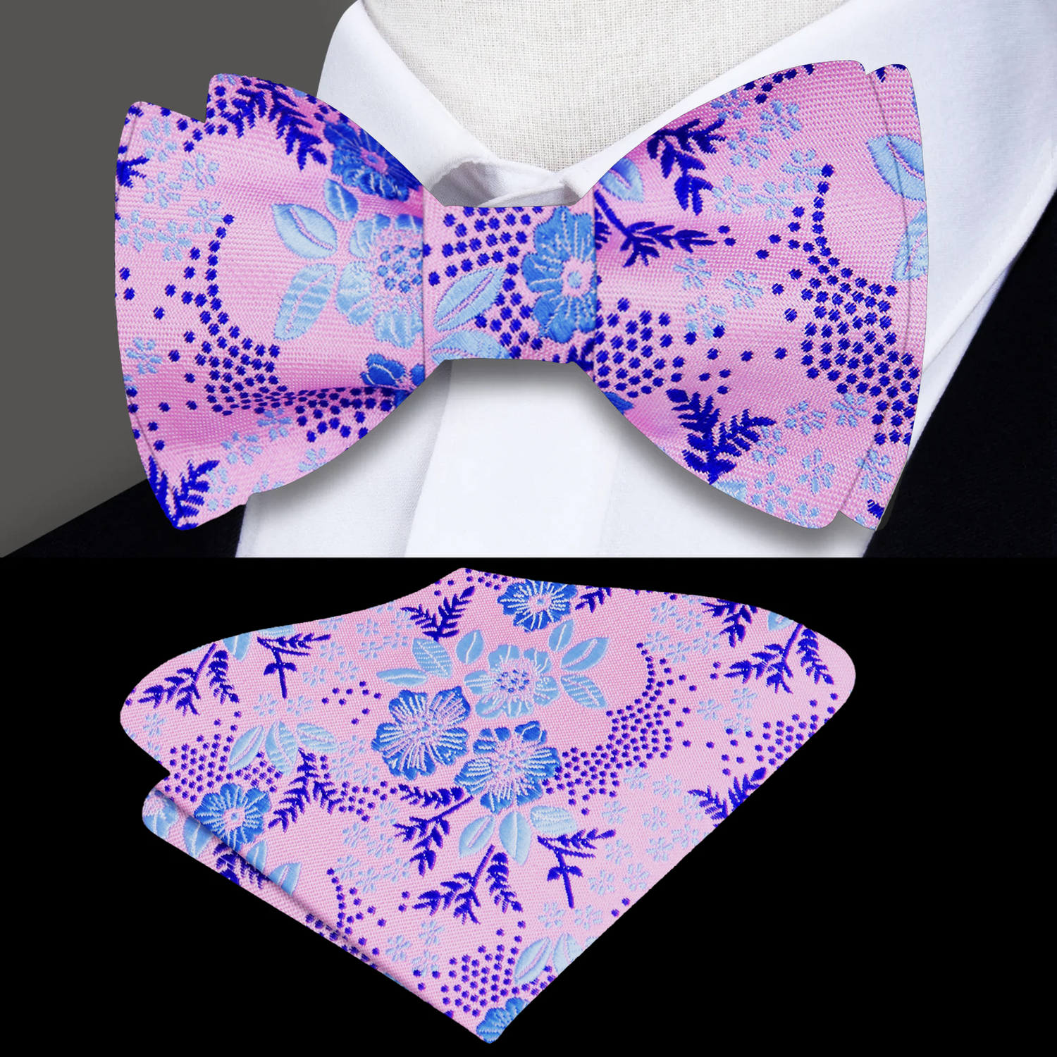 A Light Purple, Light Blue Detailed Flowers Pattern Silk Self Tie Bow Tie and Square