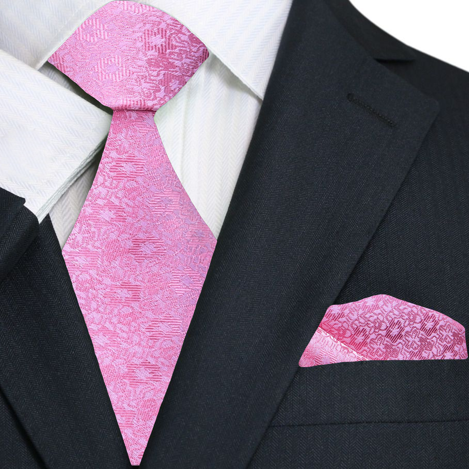 A Solid Pink Shimmer Pattern Necktie, Matching Pocket Square||Pink