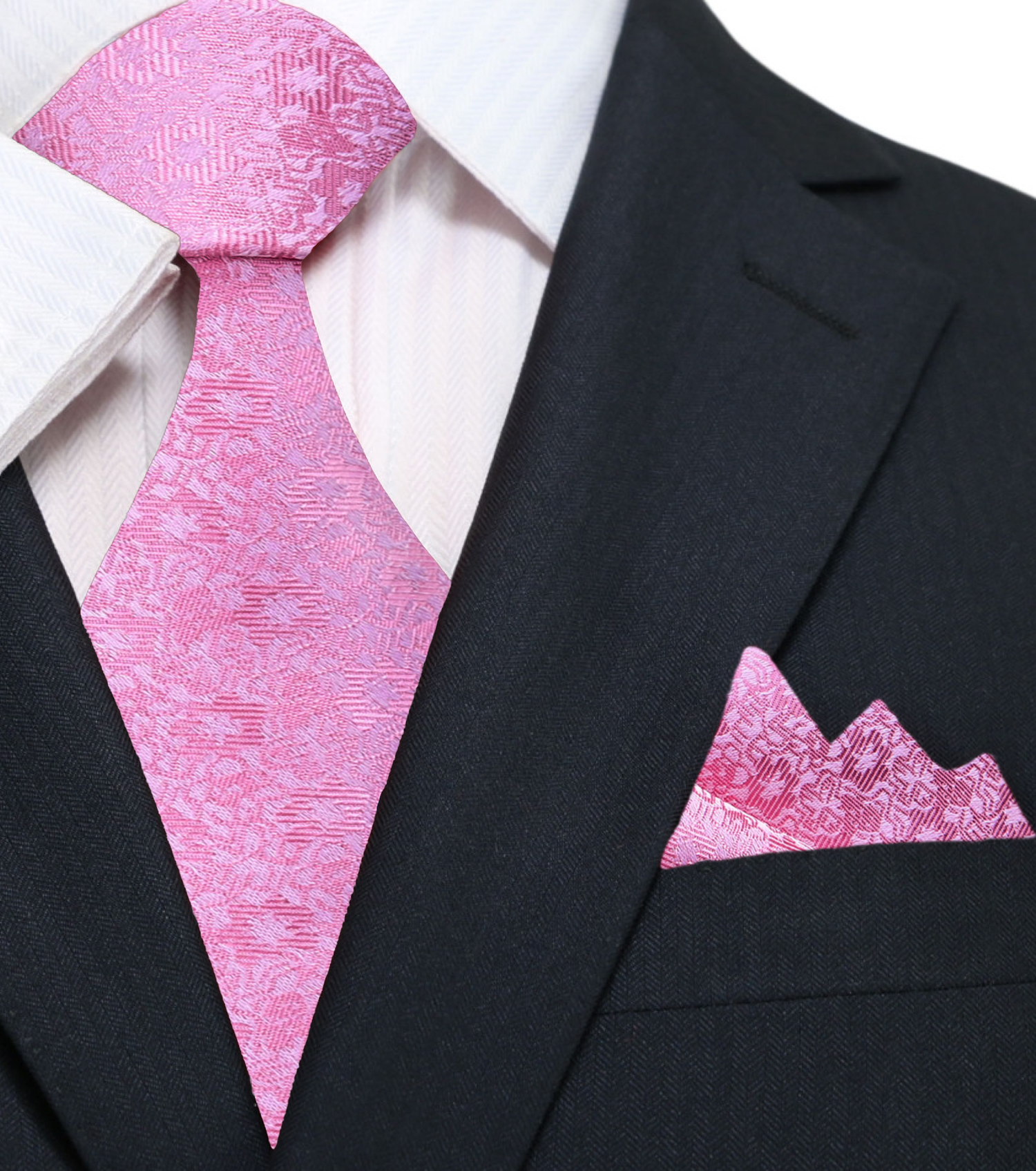 A Solid Pink Shimmer Pattern Silk Necktie, Matching Pocket Square||Pink