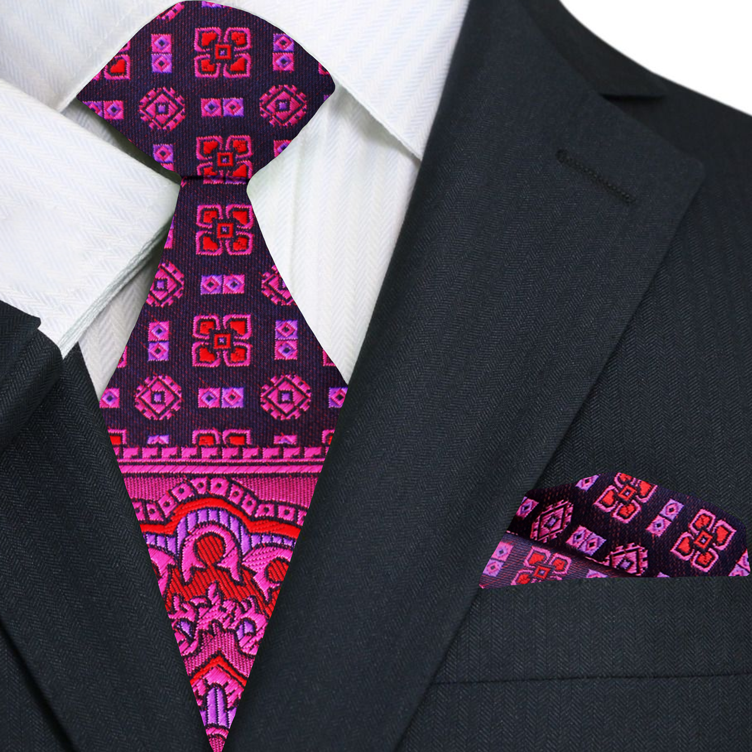 Black suit with a patterned pink and purple tie and pocket square.