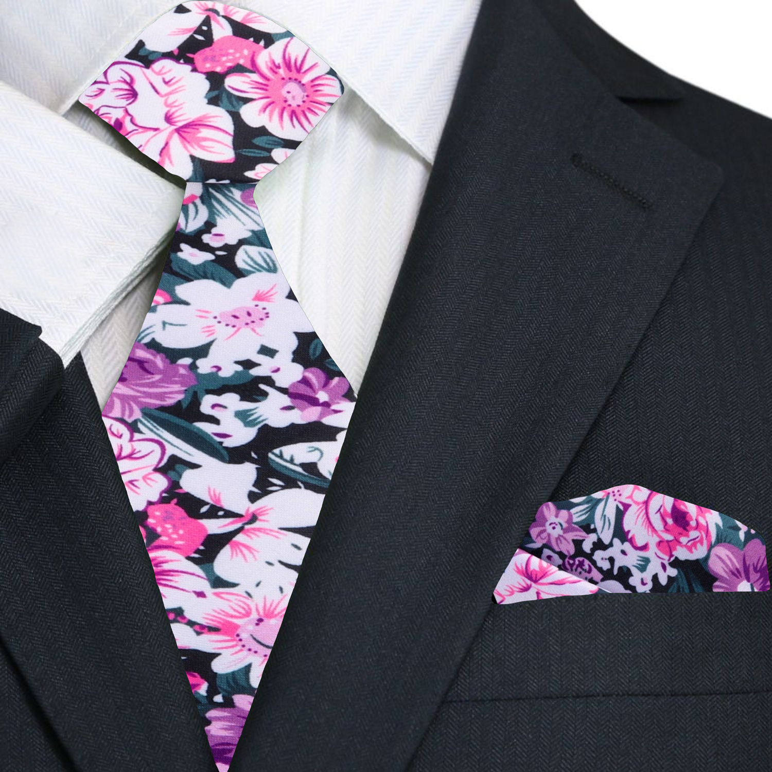 Premium Pink, Purple, White Sketched Flowers Necktie and Matching Square