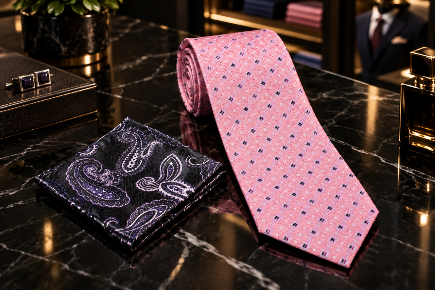 pink diamonds tie and accenting square