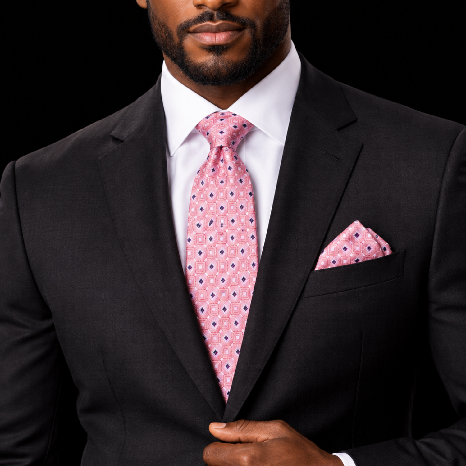 Pink Geometric Necktie with Diamond & Blackened Purple Square Pattern