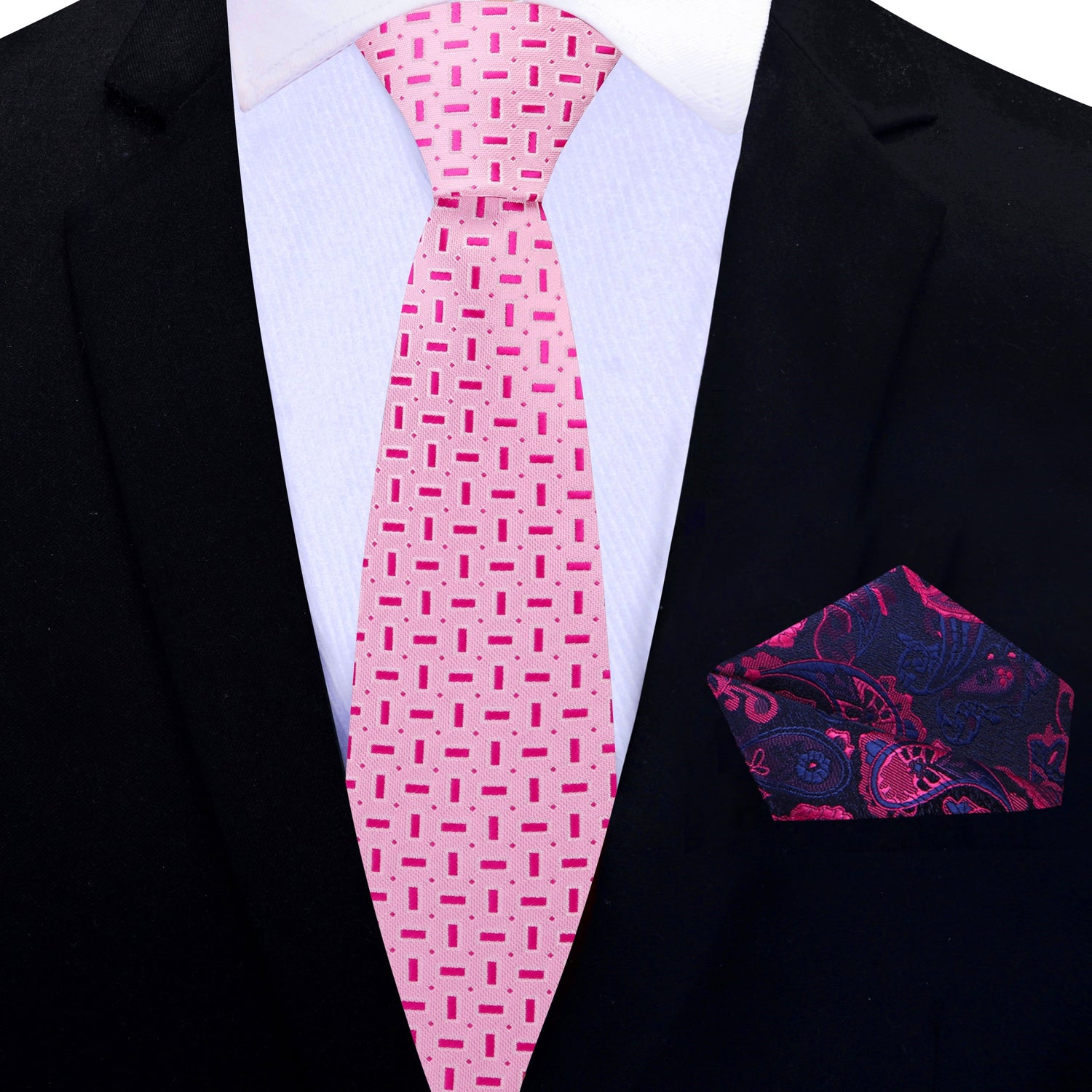 Thin Tie: Shades of Pink Geometric Necktie and Blue, Pink Paisley Square