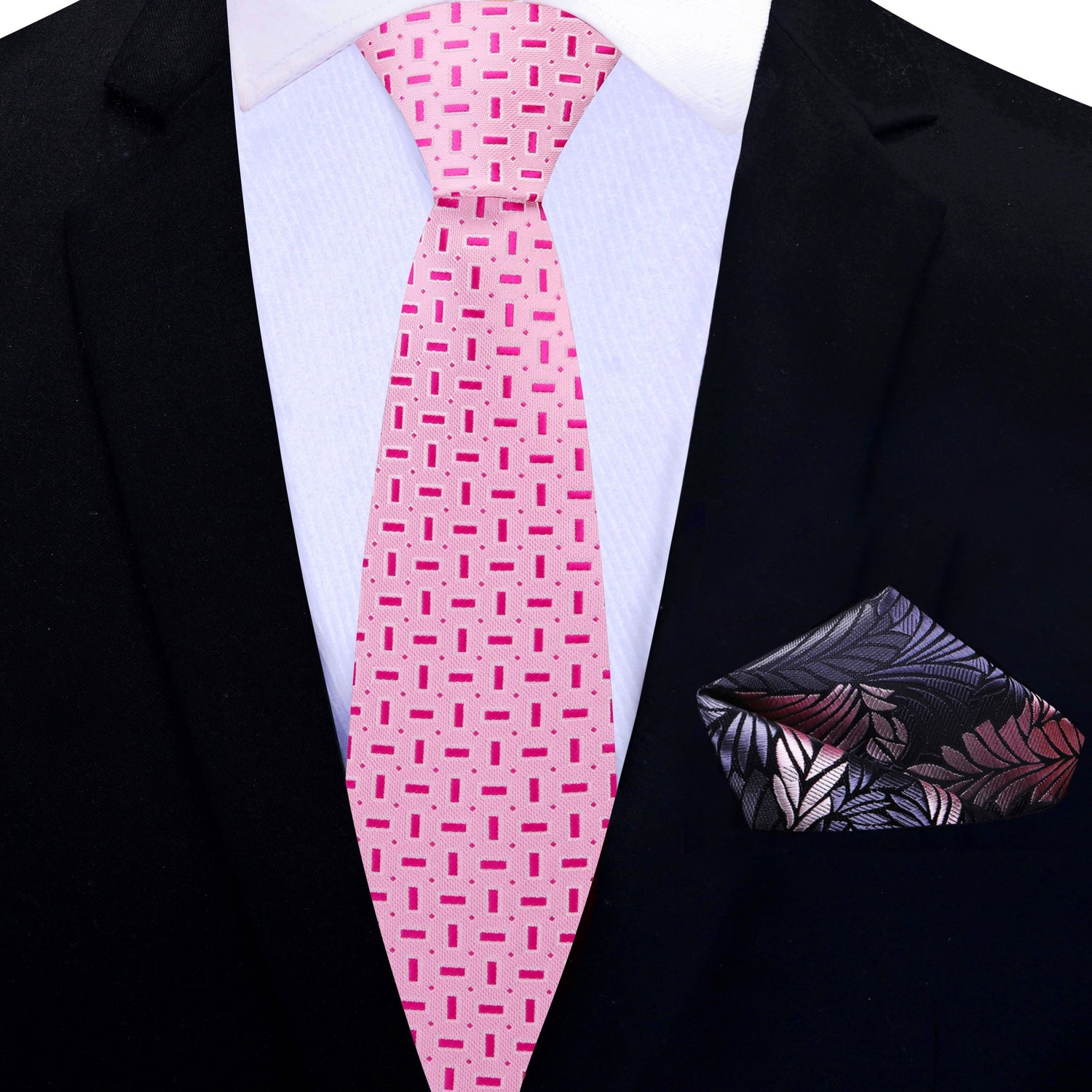 Thin Tie: Shades of Pink Geometric Necktie and Grey, Pink Abstract Feather Square
