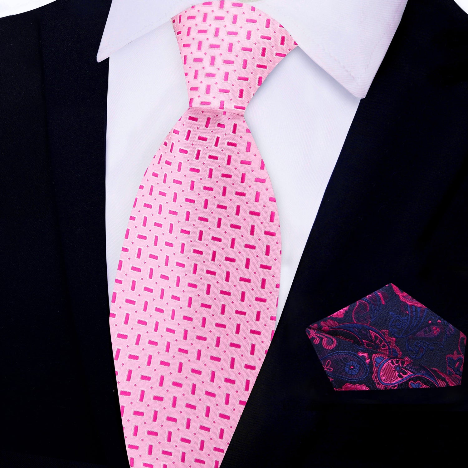 View 2: Shades of Pink Geometric Necktie and Blue, Pink Paisley Square