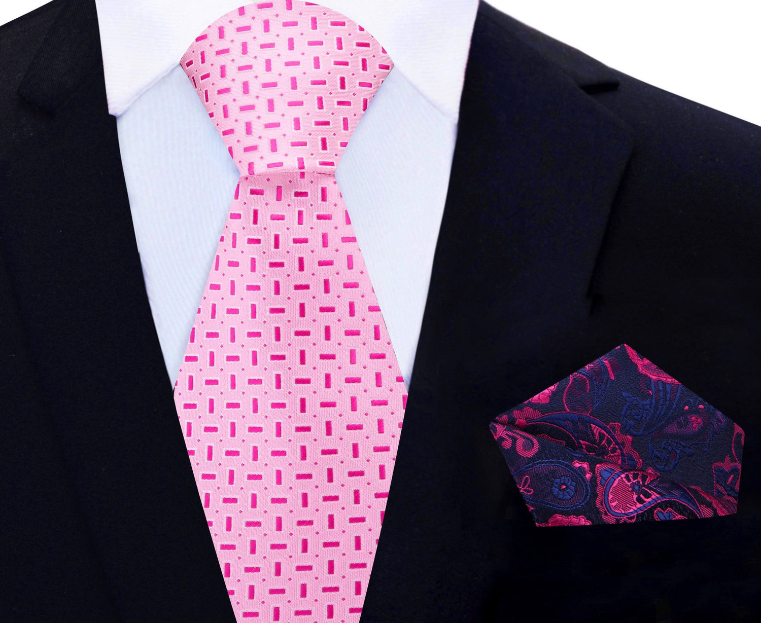 Shades of Pink Geometric Necktie and Blue, Pink Paisley Square