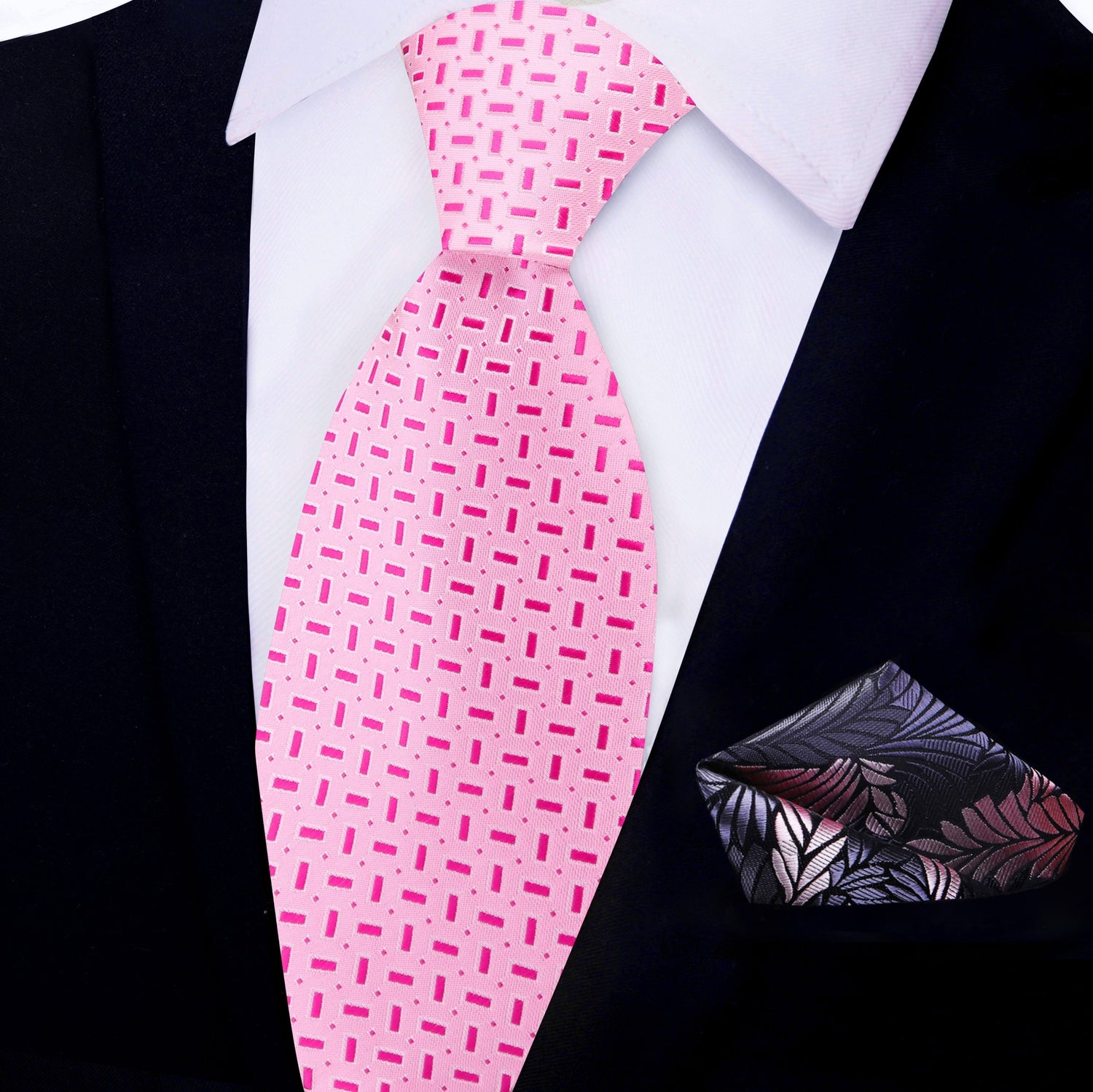 View 2: Shades of Pink Geometric Necktie and Grey, Pink Abstract Feather Square