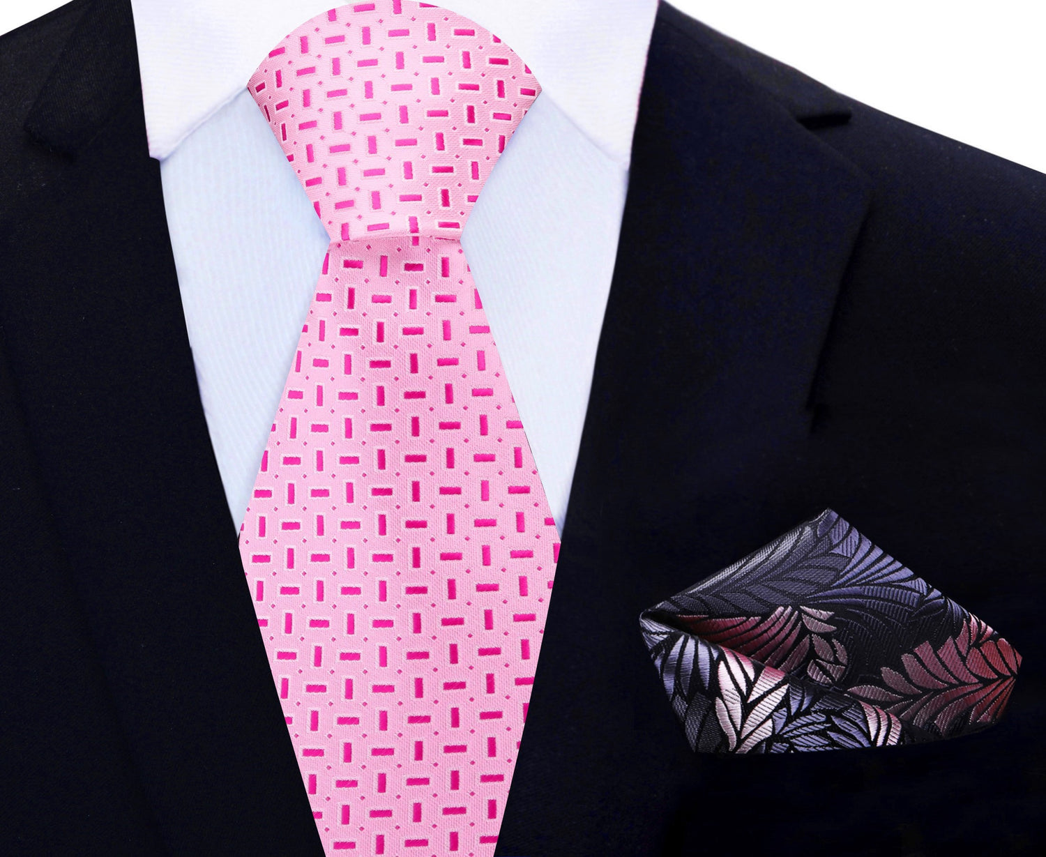 Shades of Pink Geometric Necktie and Grey, Pink Abstract Feather Square