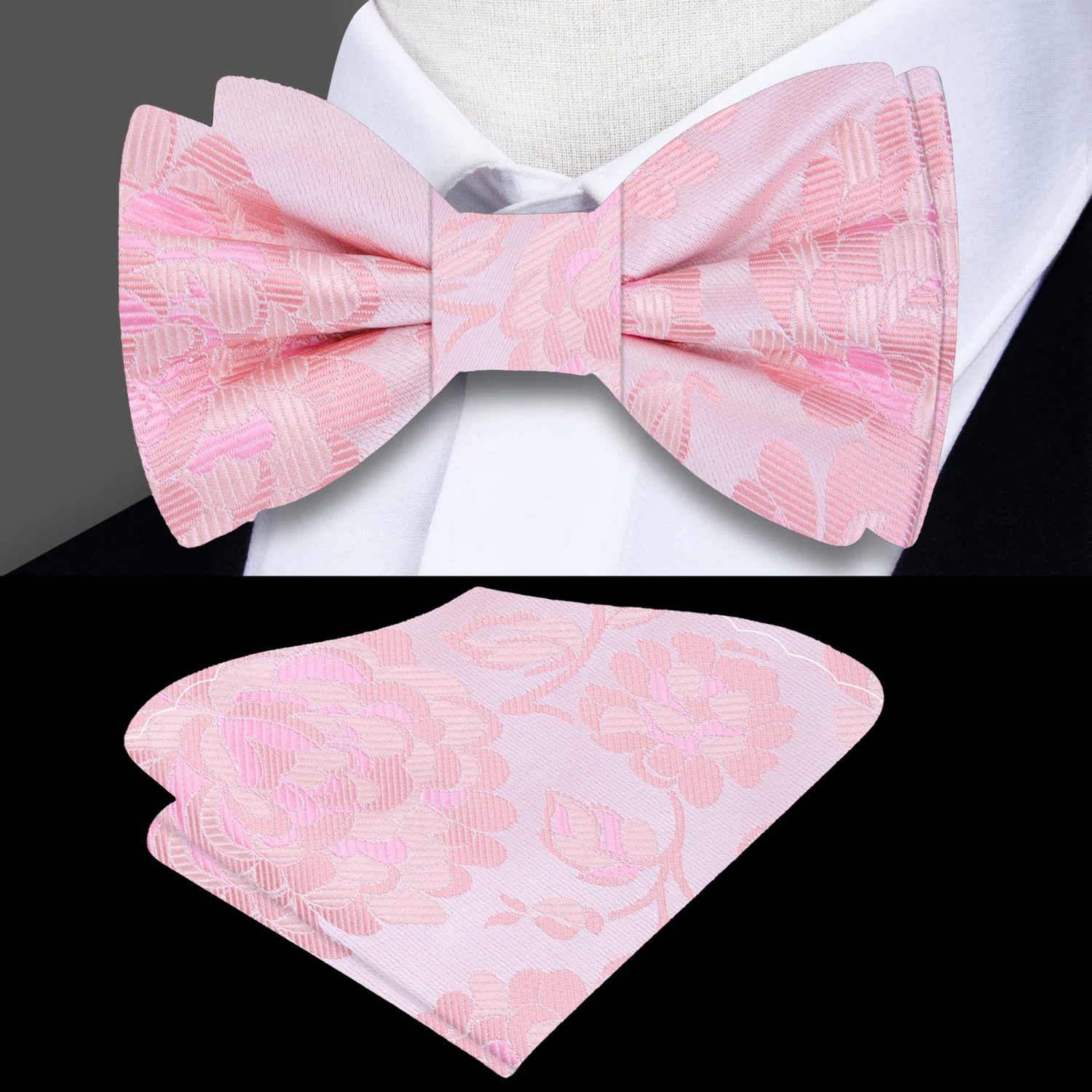 Light Pink Grandiflora Bow Tie and Pocket Square||Rosewater