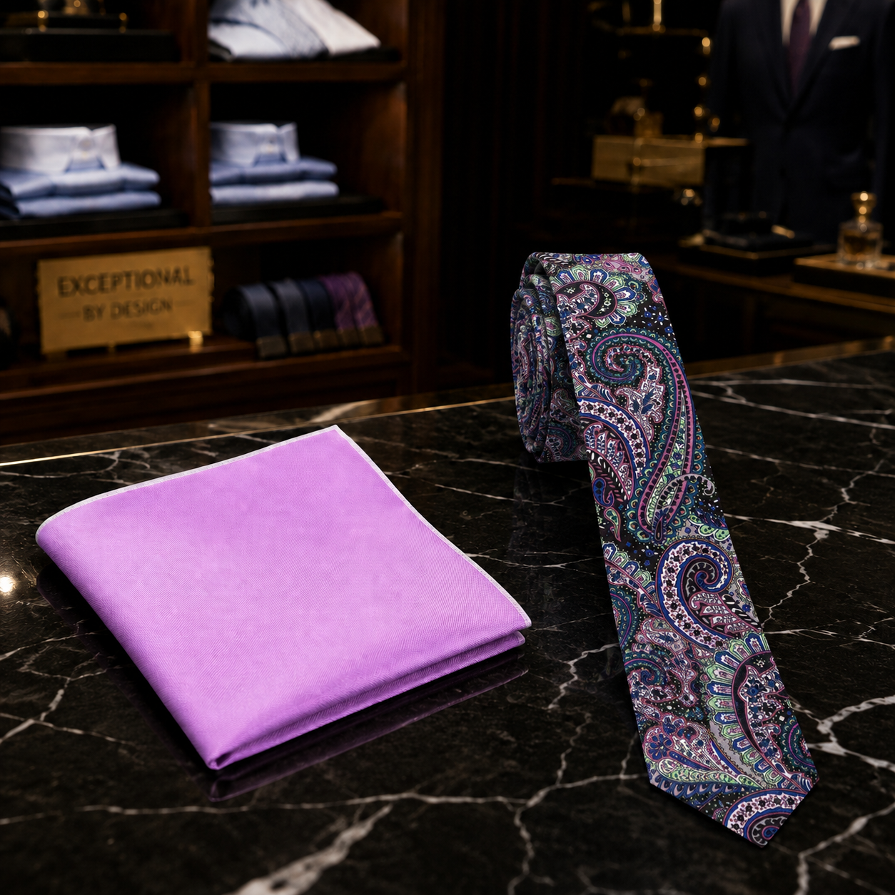 A purple folded pocket square and a matching paisley necktie displayed on a black marble counter in a men's clothing store. The pocket square is a solid purple velvet-like fabric, while the tie features a detailed paisley pattern in purple, teal, and black.