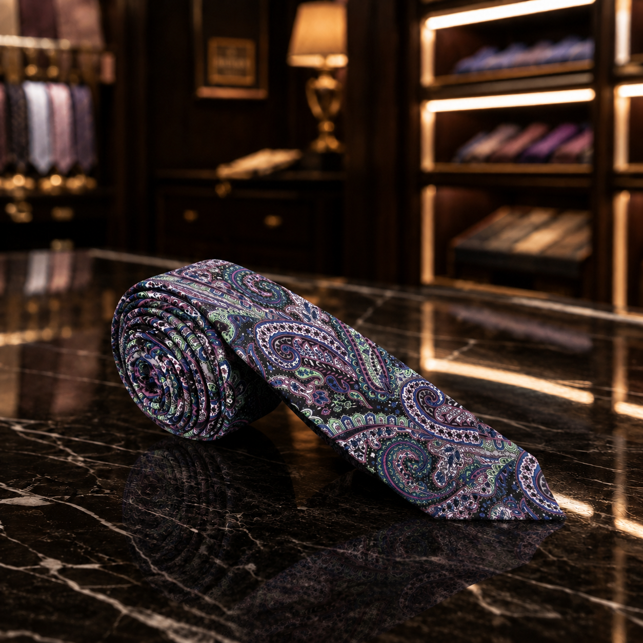 Multicolor paisley thin tie on marble in haberdashery