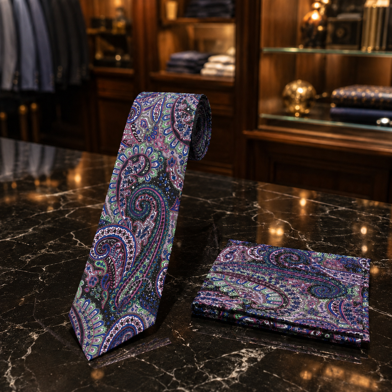 A purple paisley necktie and matching pocket square displayed on a dark marble countertop in a luxury retail setting.