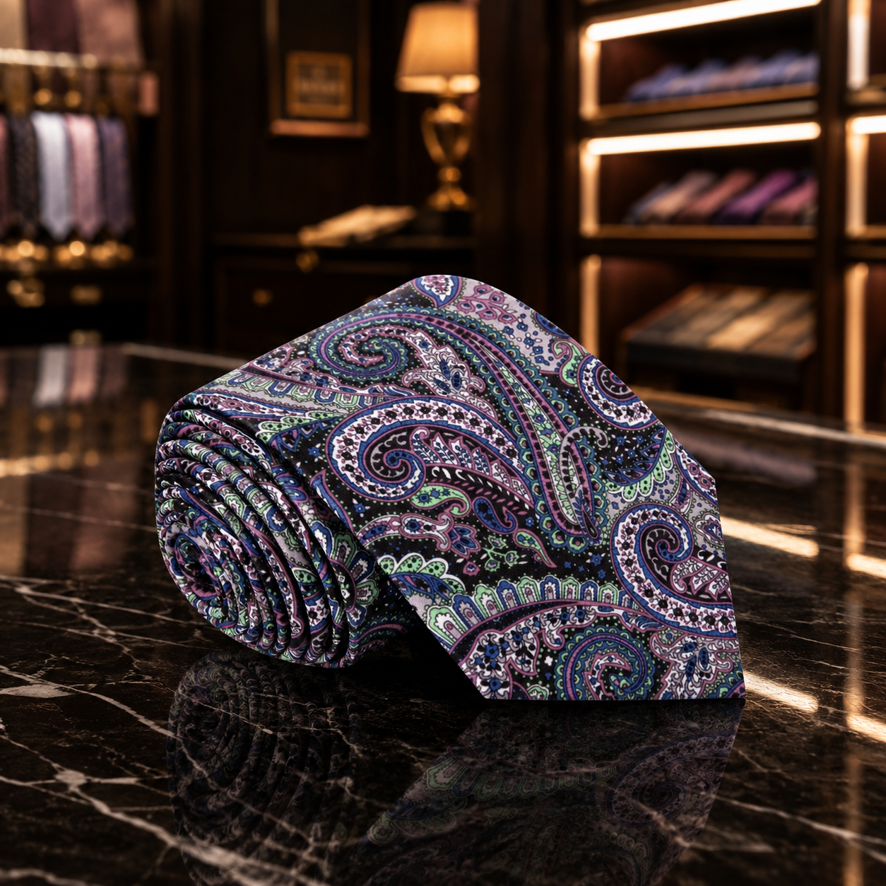 A rolled necktie with an intricate paisley pattern in purple, blue, green, and white, displayed on a polished black marble countertop in a luxury retail setting.