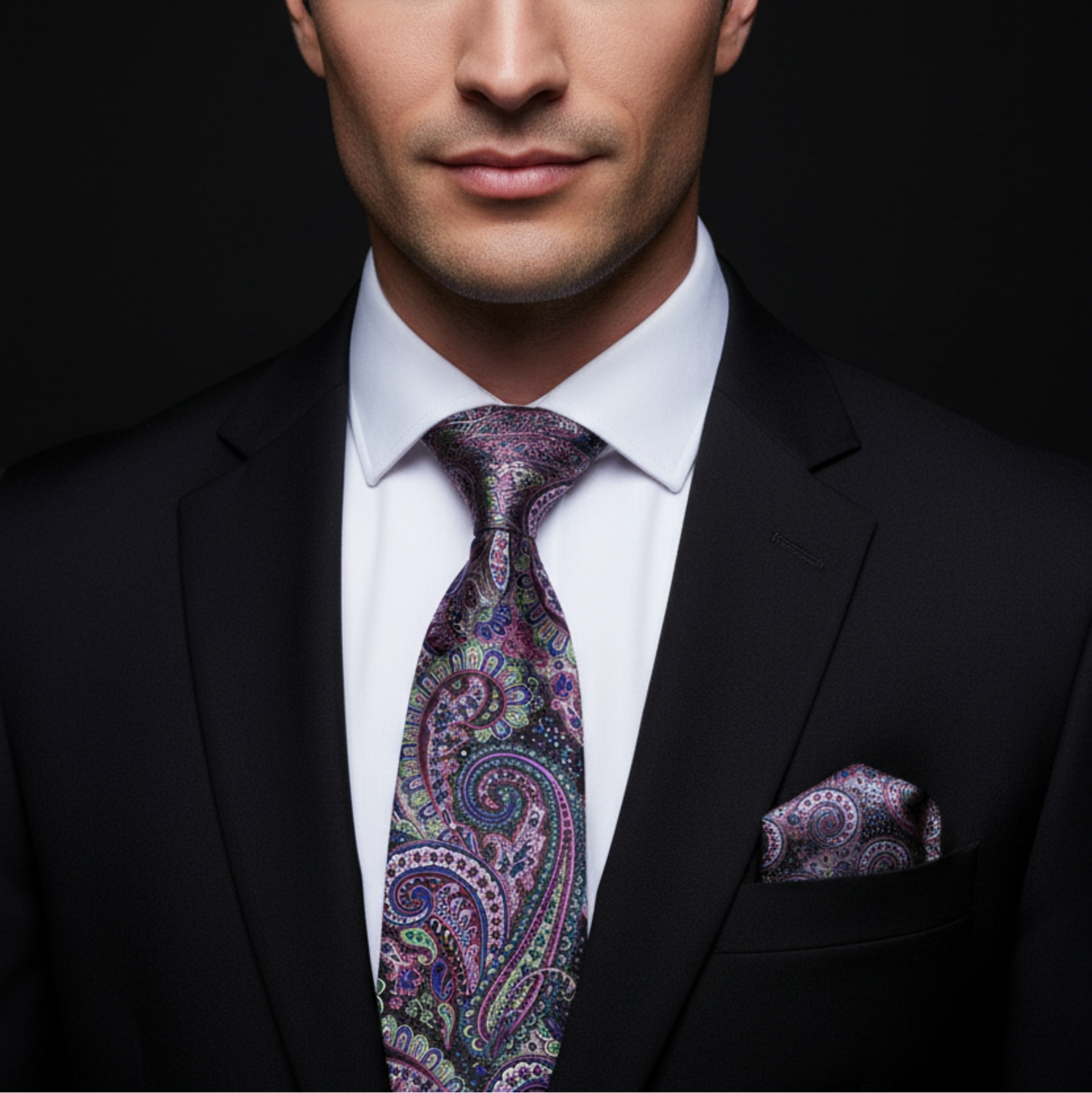 Man wearing a black suit with a patterned tie and pocket square on a dark background