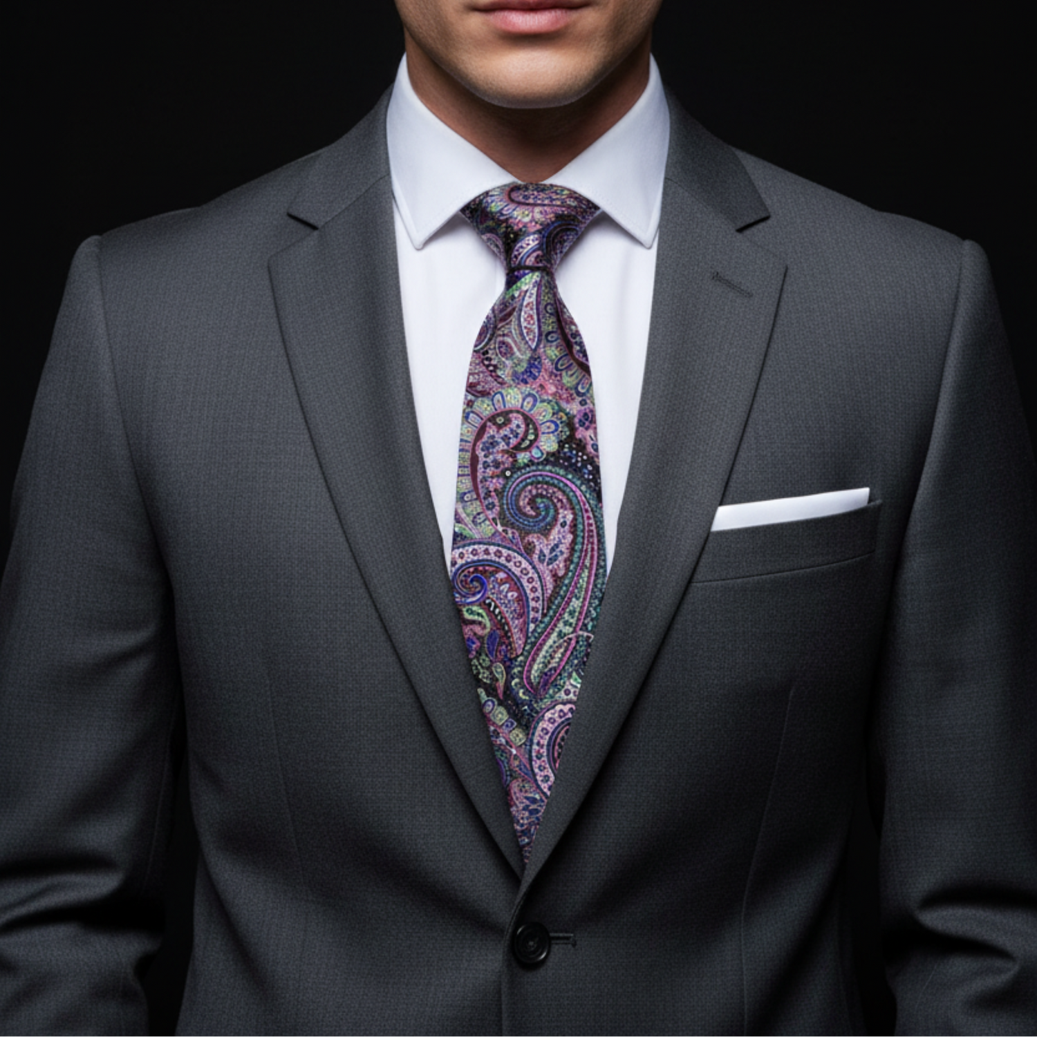 Man wearing a gray suit with a colorful paisley tie against a black background
