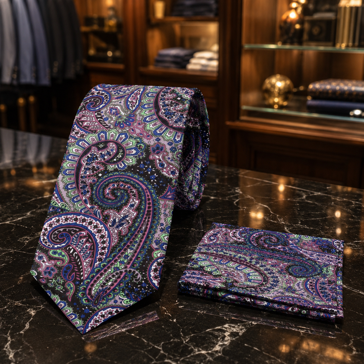 A purple paisley necktie and matching pocket square displayed on a dark marble surface in a luxury retail setting.